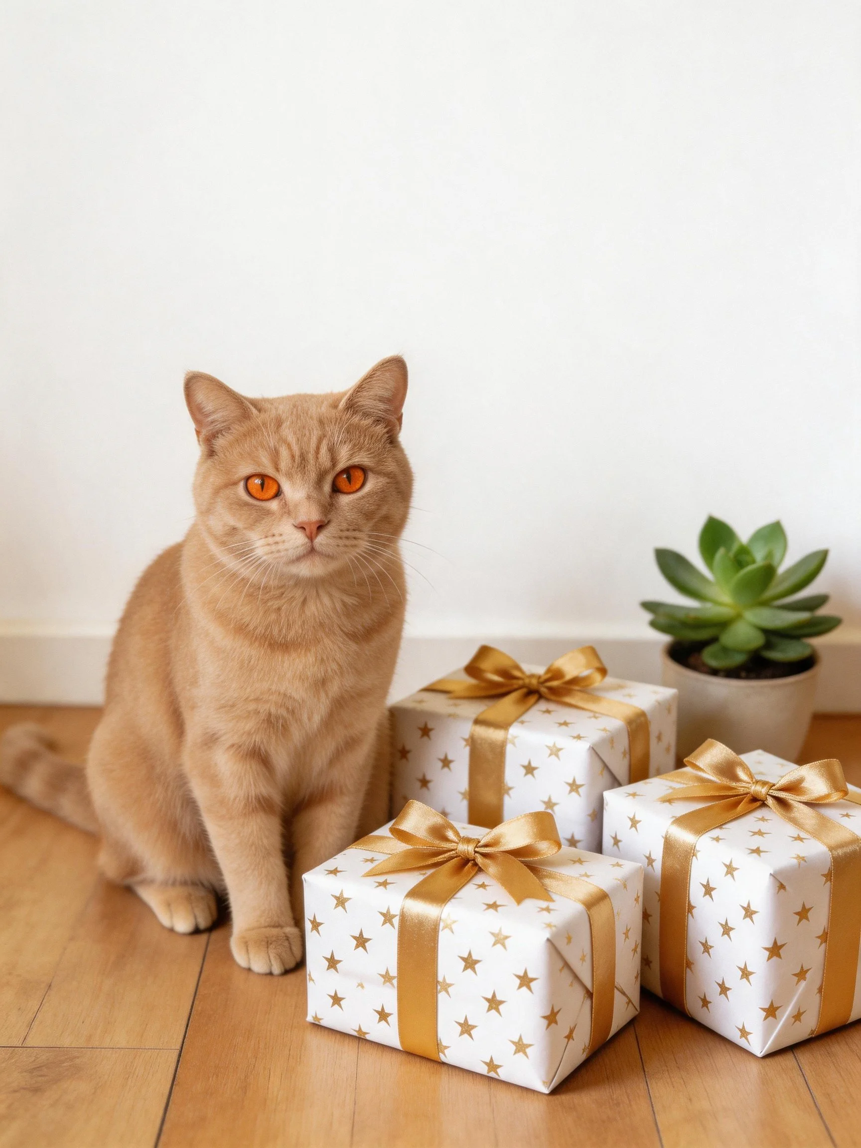 Tan cat beside three star - patterned gifts near a succulent
