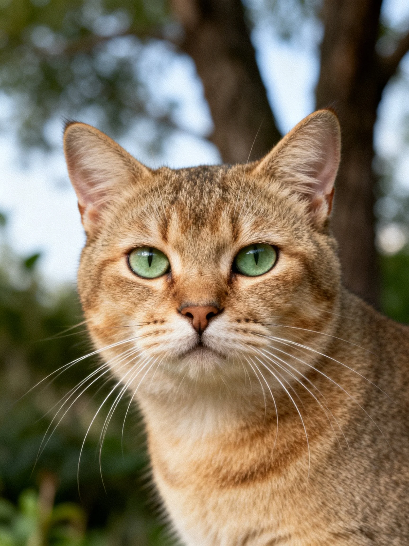 A tan tabby cat with green eyes is photographed up close in an outdoor area.