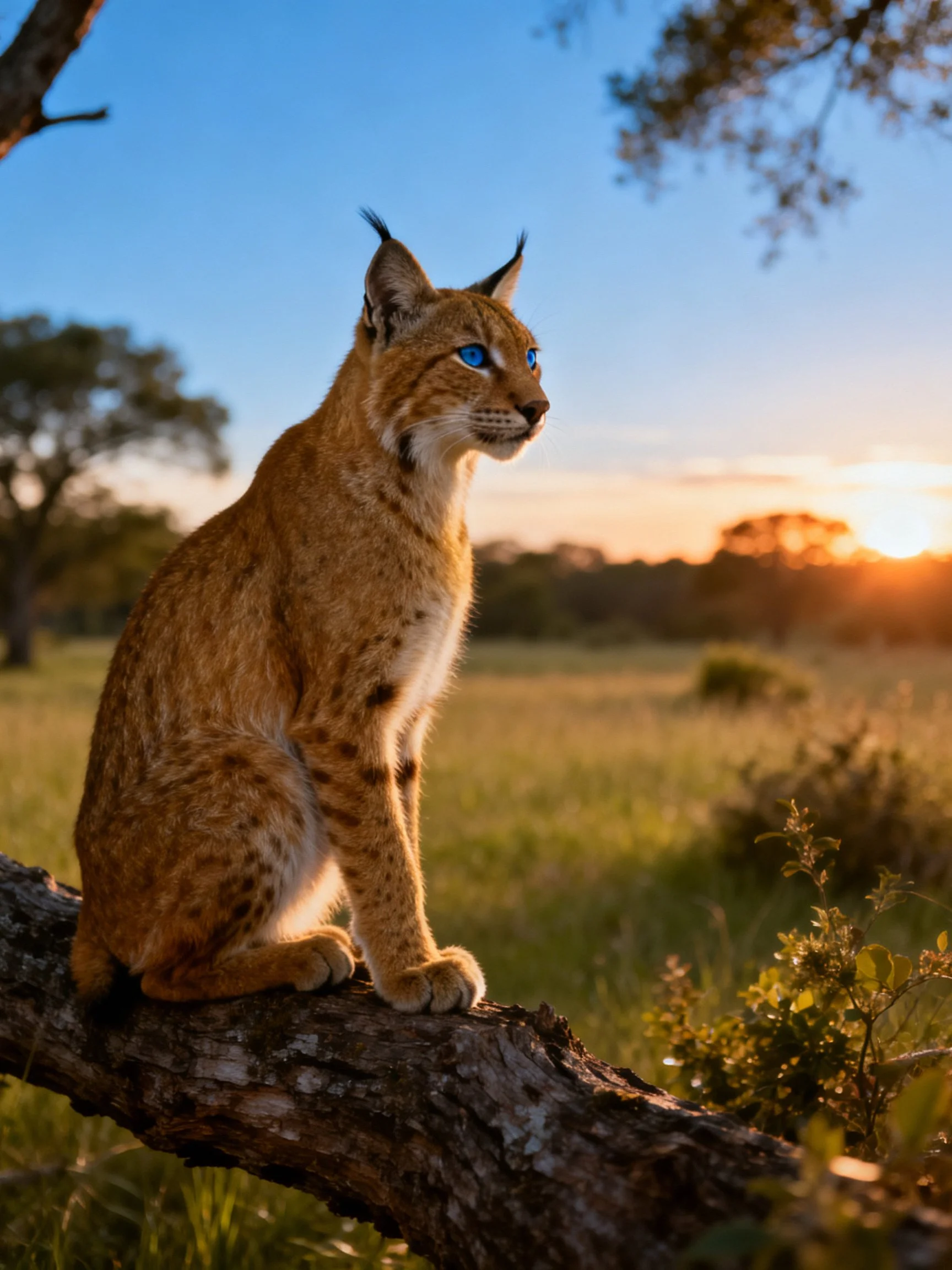 Tawny-spotted wildcat with blue eyes on a gnarled tree branch at sunset