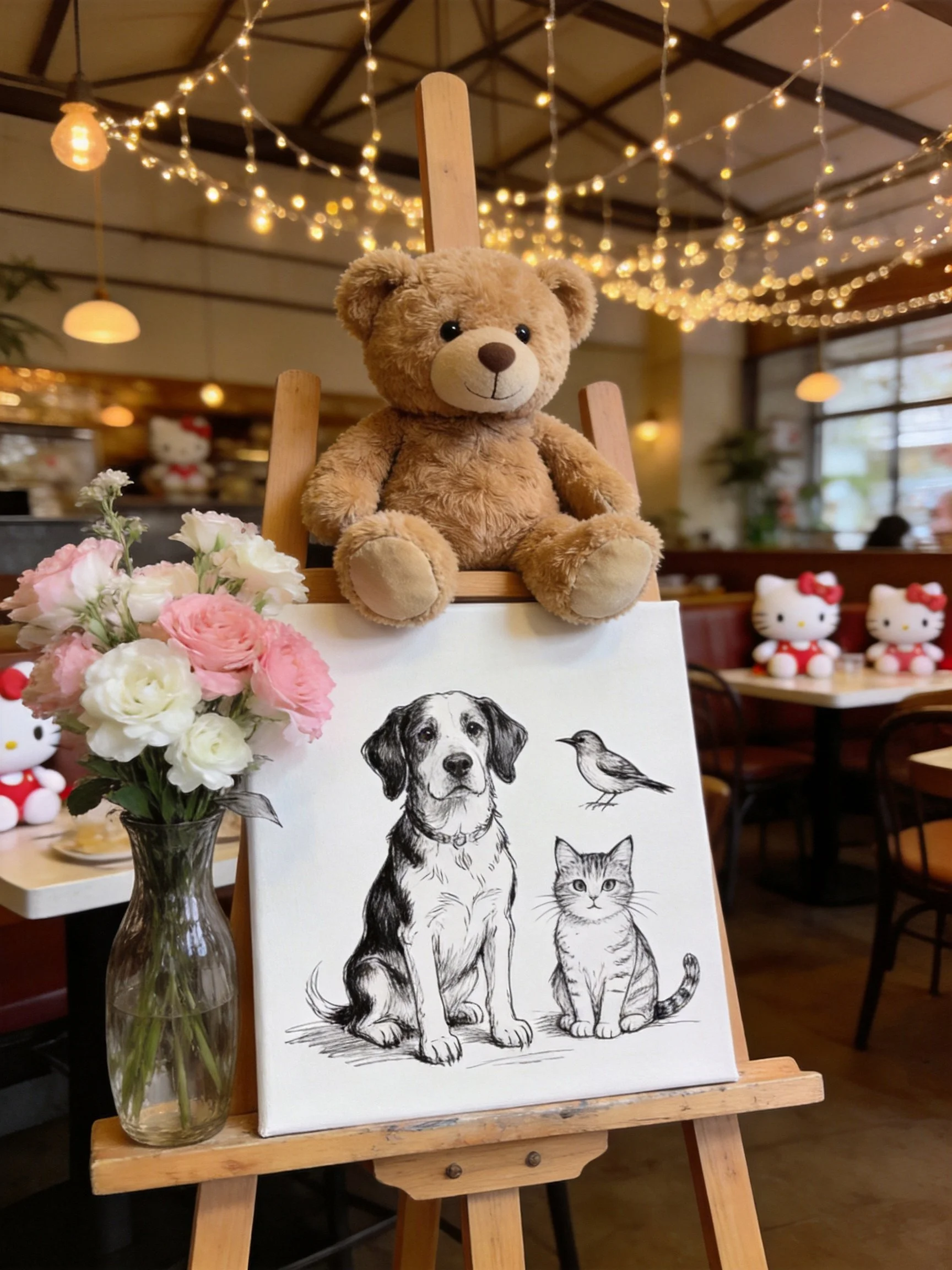 Teddy bear on easel with animal sketch, pink white flowers, Hello Kitty decor