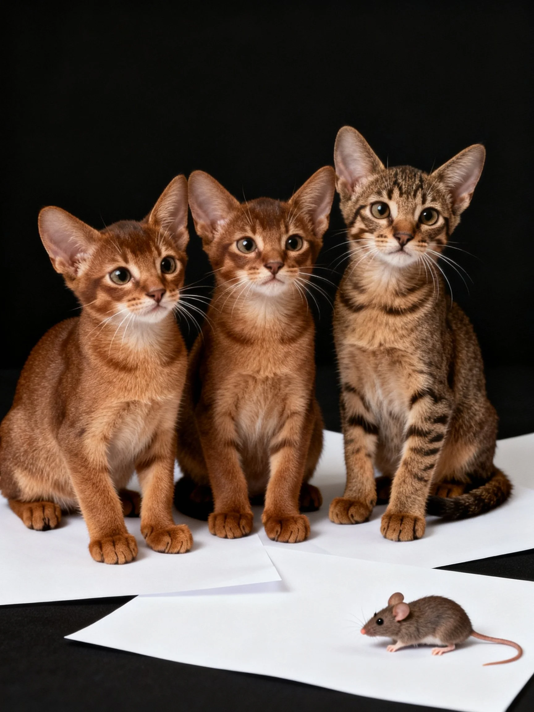 Three Abyssinian kittens and a small brown mouse on white papers