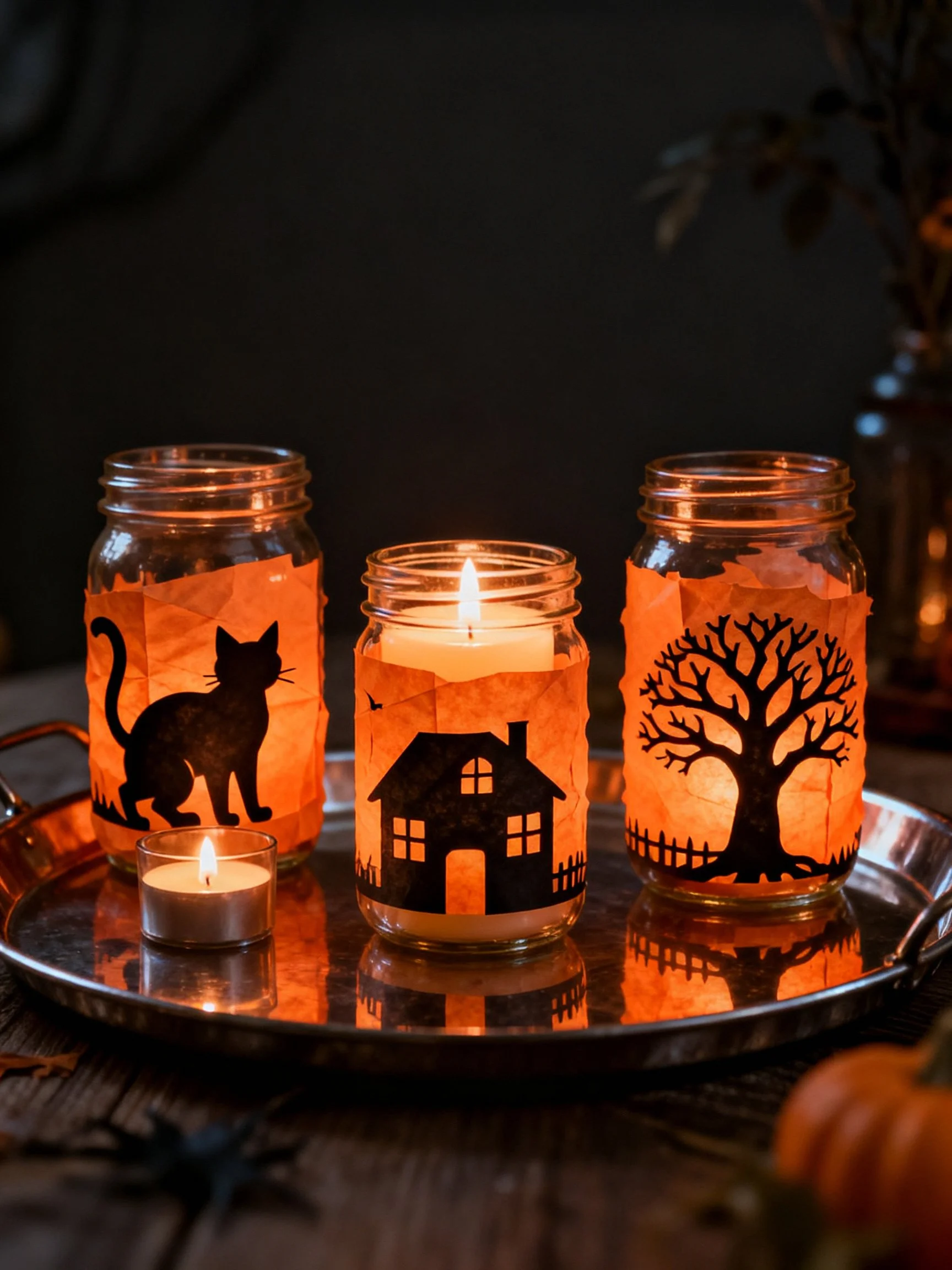 Halloween-themed lanterns with glowing candles and silhouette designs sit on a metal tray