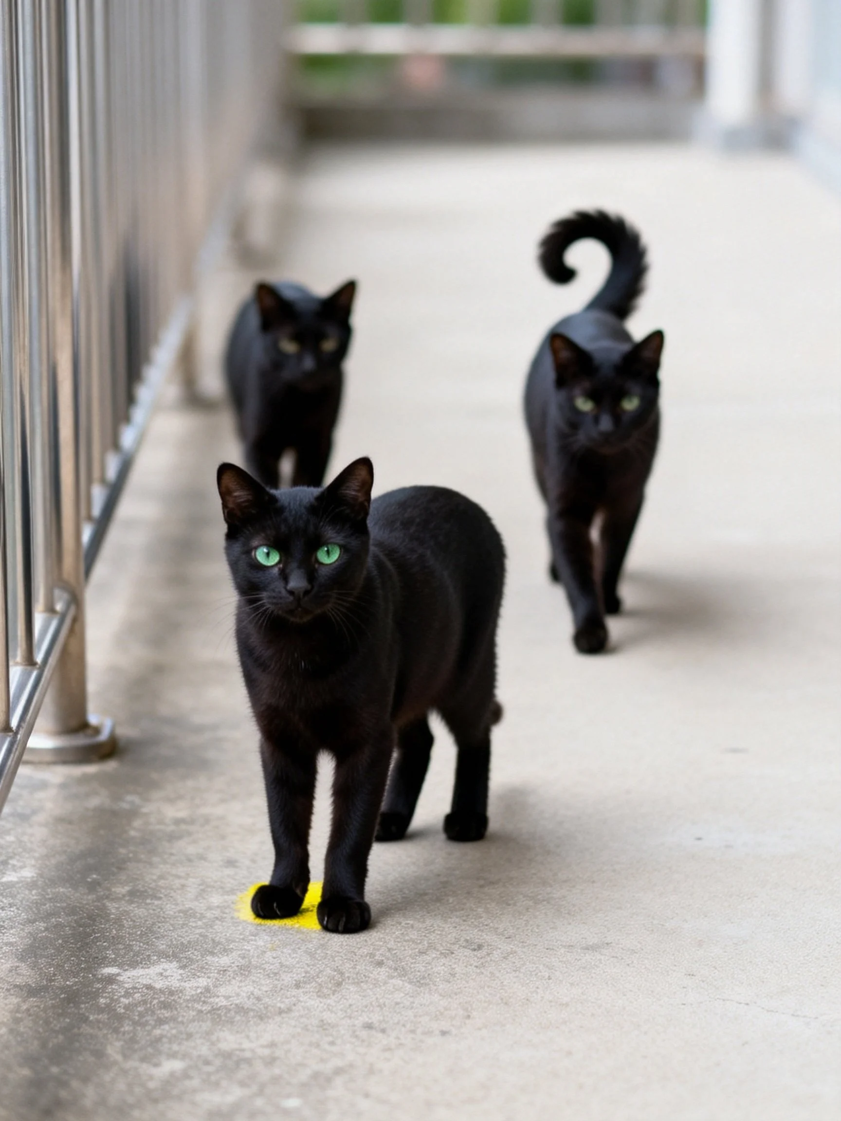 Three black cats walk along a concrete path near metal railings