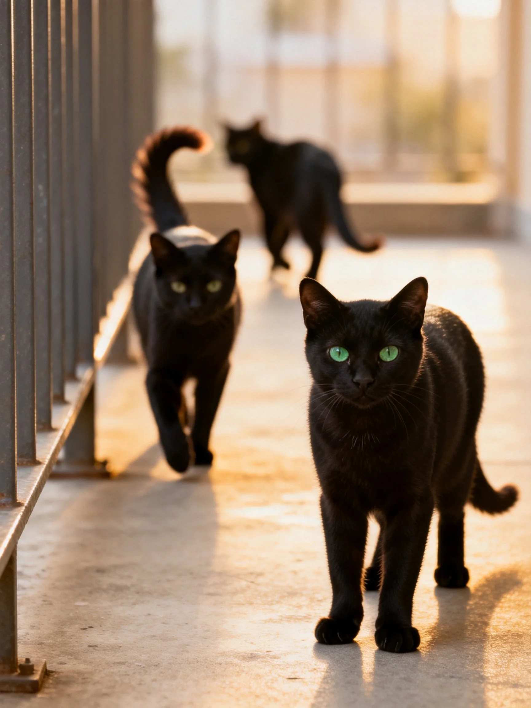 Three black cats walk through a sunlit corridor