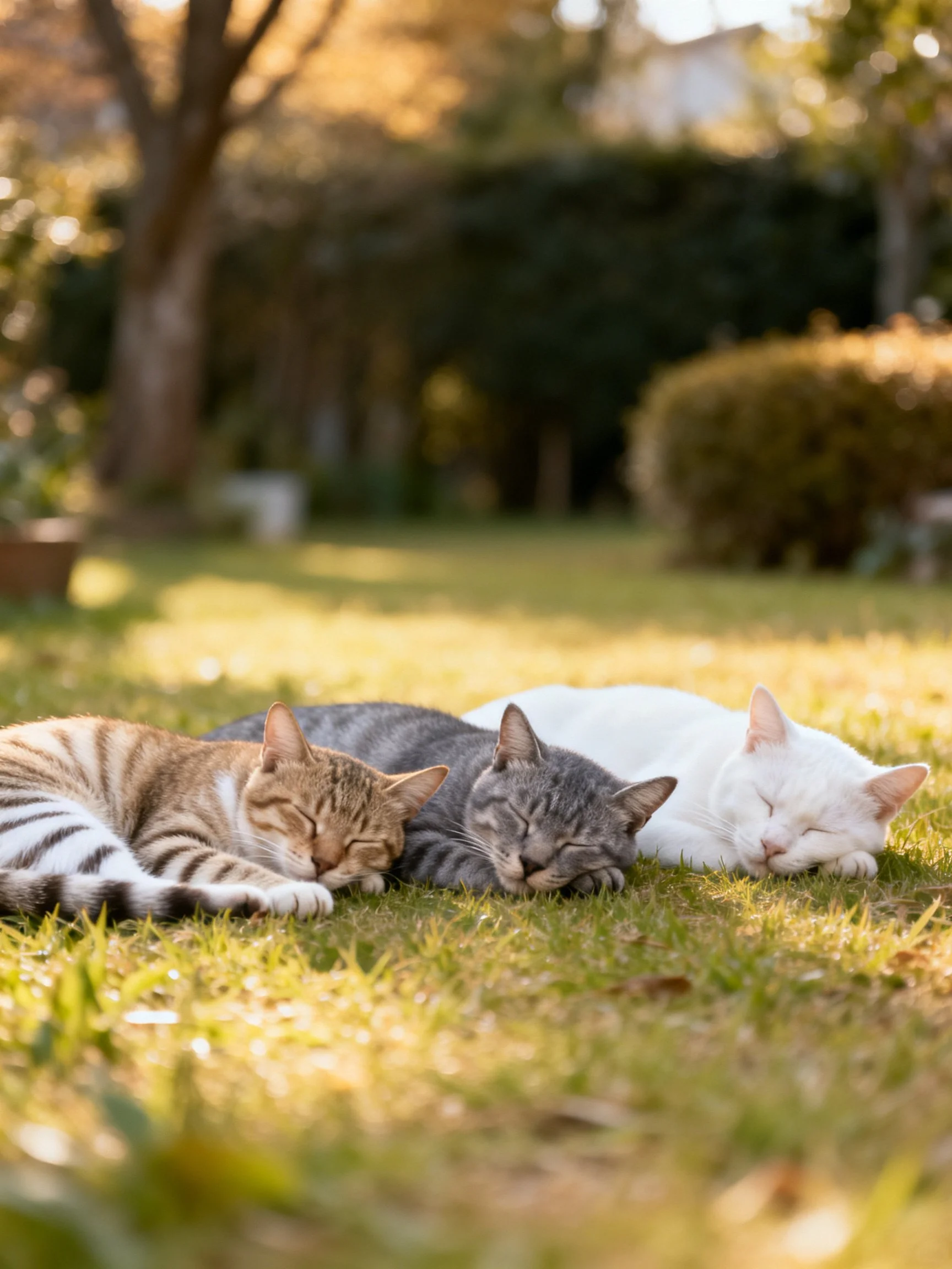 Three cats in brown, gray, and white resting on sunlit grass
