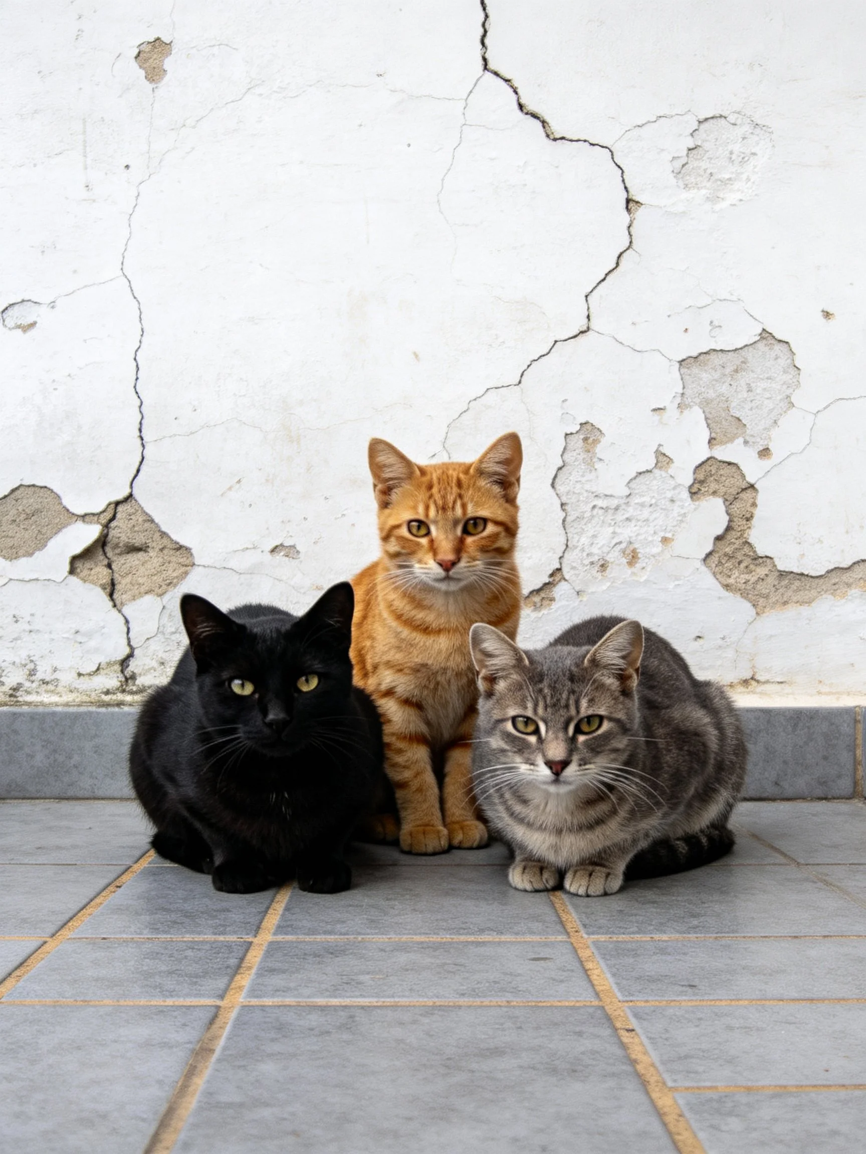 Three cats of black, orange, and gray hues rest near a cracked white wall
