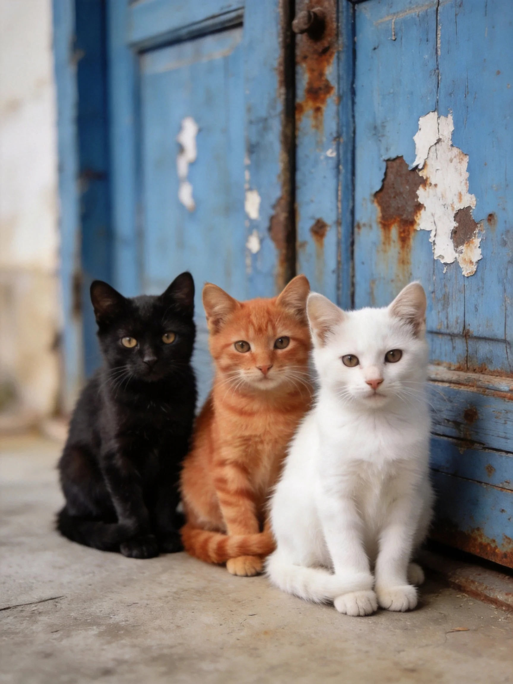 Three cats of different colors rest beside an aged blue wooden structure
