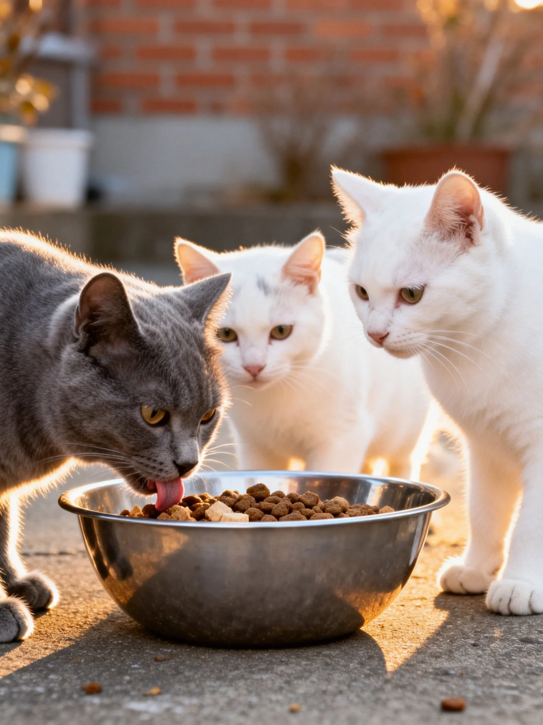 Three cats of varying colors eat from a metal bowl outdoors