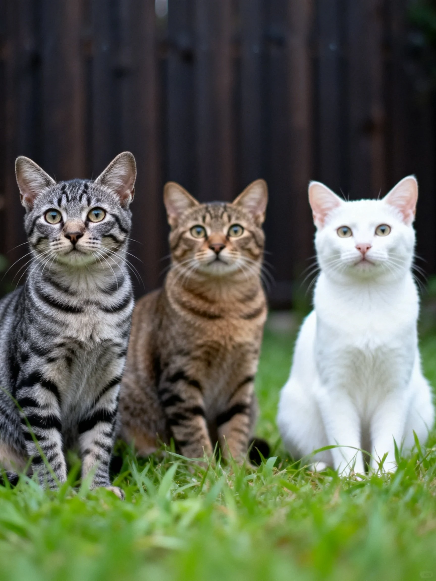 Three cats of varying colors sit on green grass near a dark fence