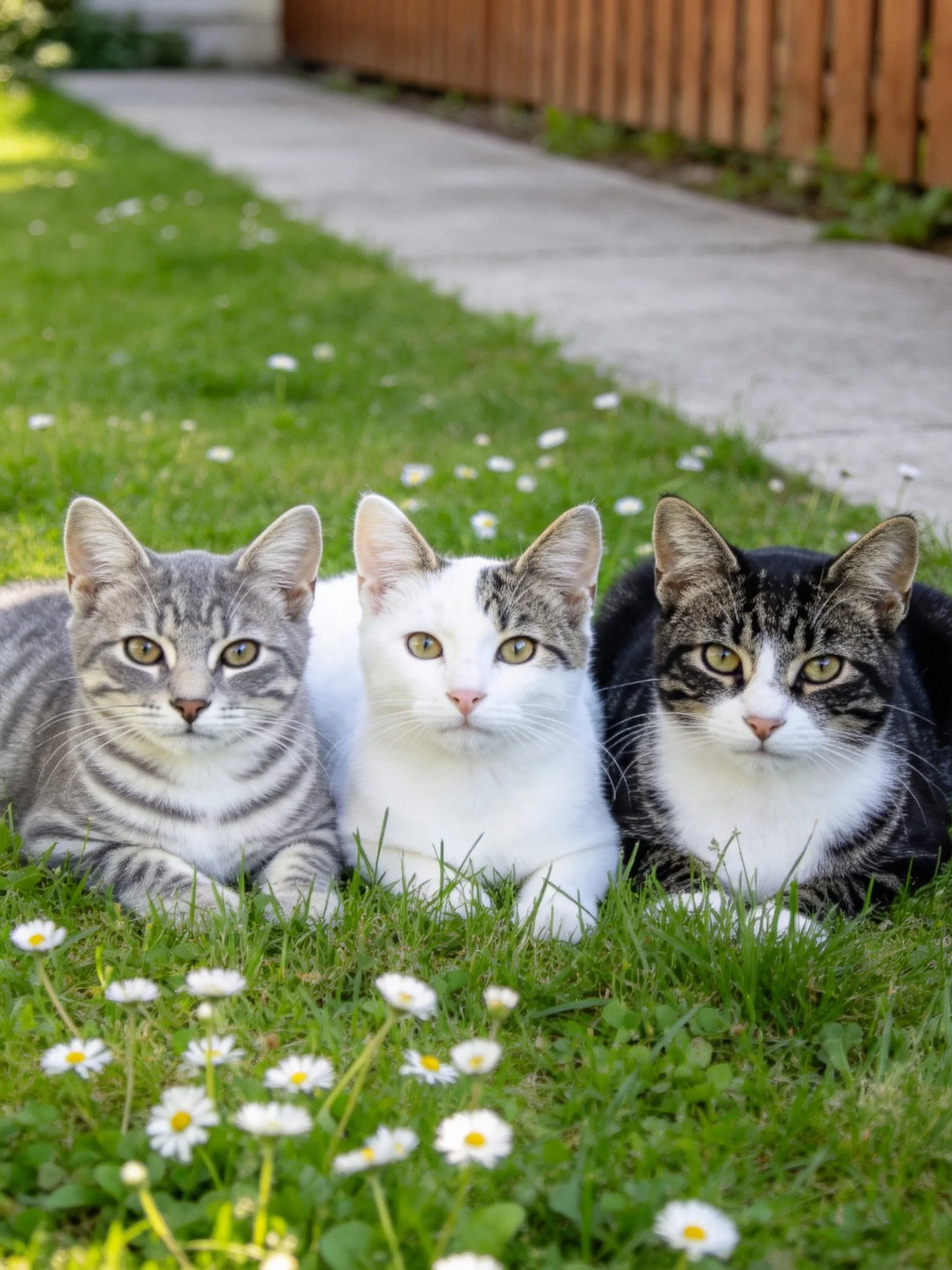 Three cats rest on grass with daisies near a sidewalk