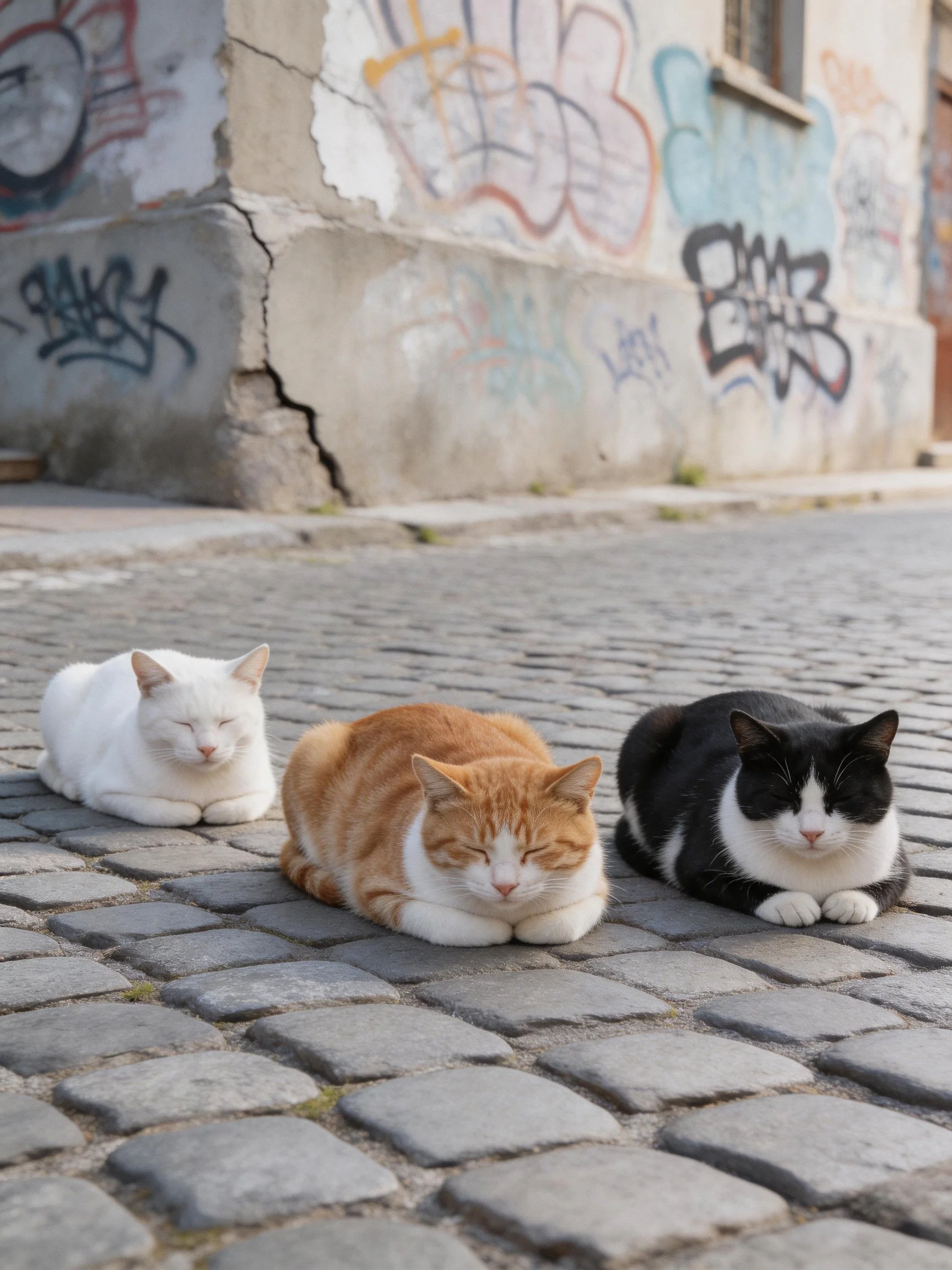 Three cats of varying colors rest on cobblestones next to an aged, graffiti-decorated building.