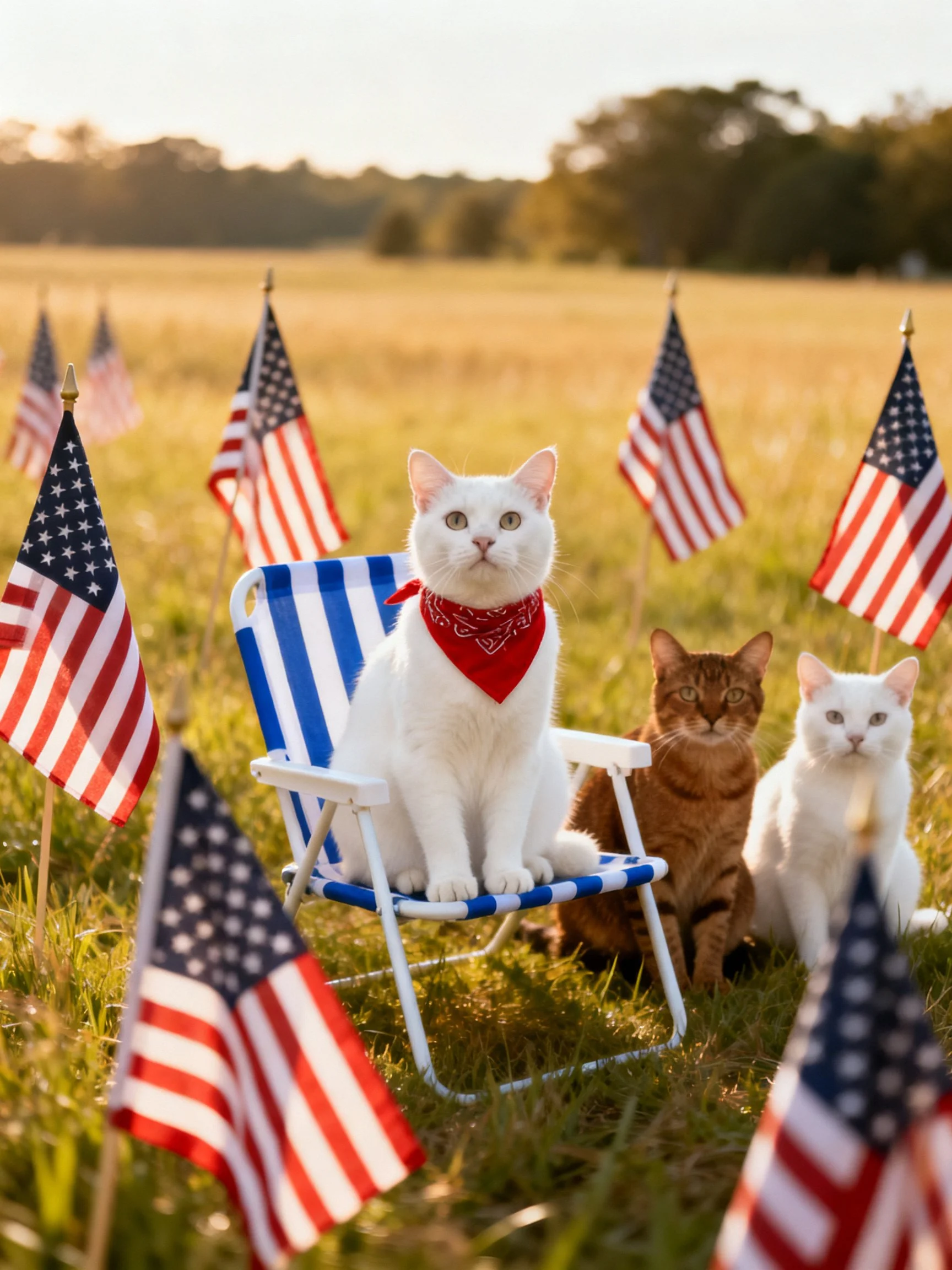 Three cats sit amid small American flags in a sunlit field