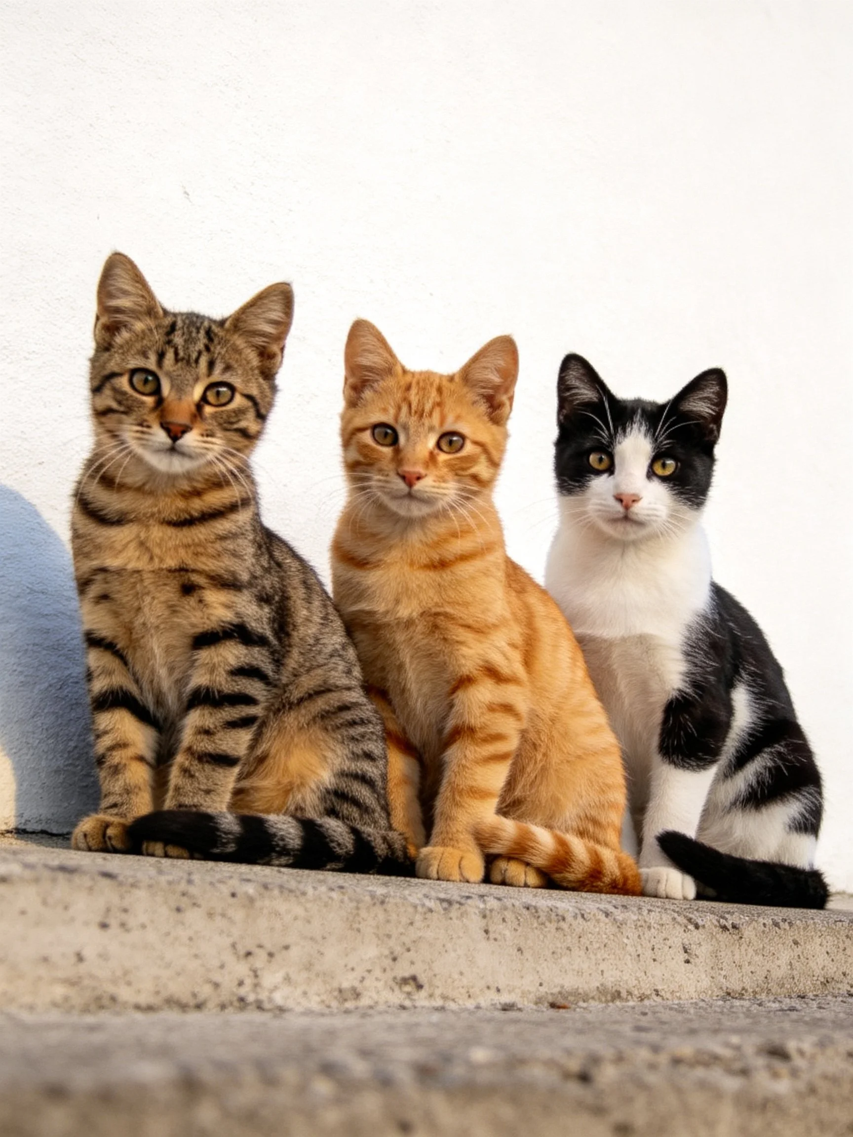 Three cats sit together, showcasing tabby, orange, and black - white coats