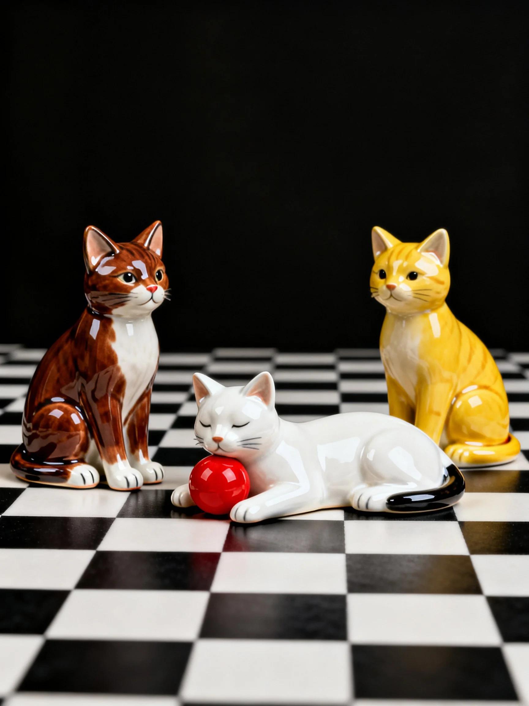Three ceramic cat figurines in brown, yellow, and white sit on a black-and-white checkered surface.