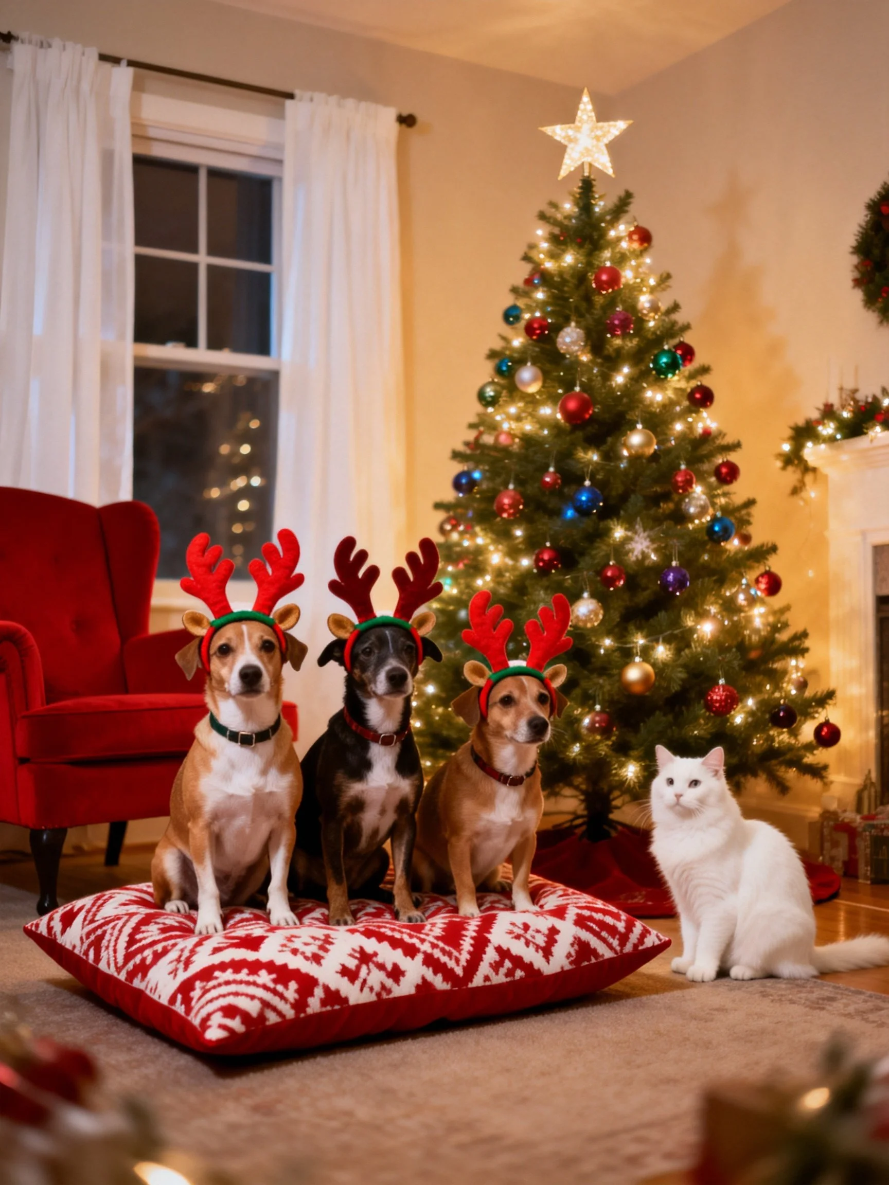 Three dogs wear reindeer antlers by a lit Christmas tree with a white cat