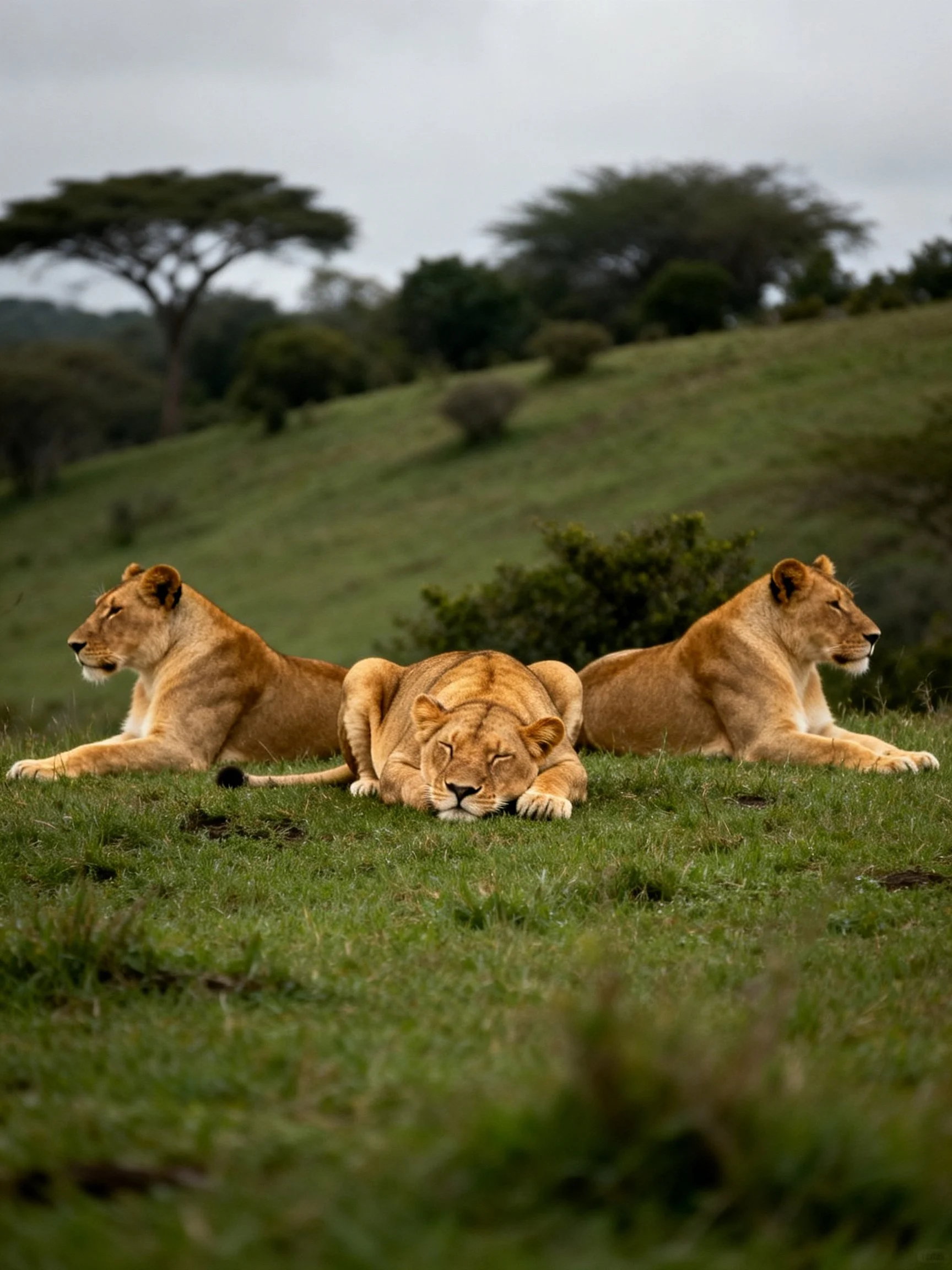 Three golden lionesses resting on a lush savannah hillside