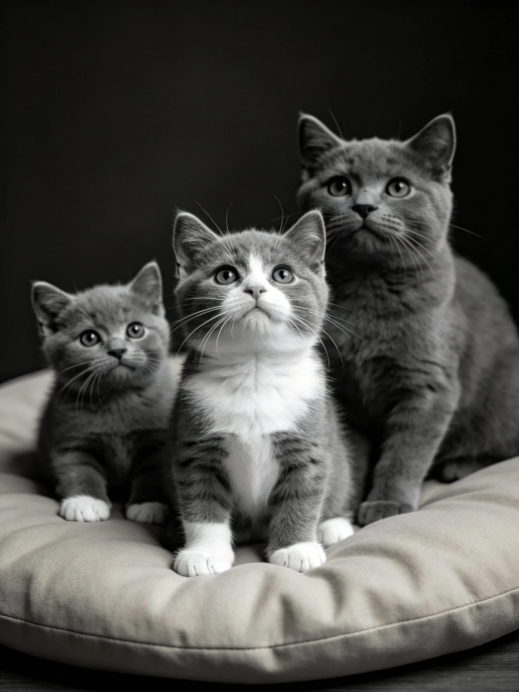 Three gray and white cats gathered on a plush cushion