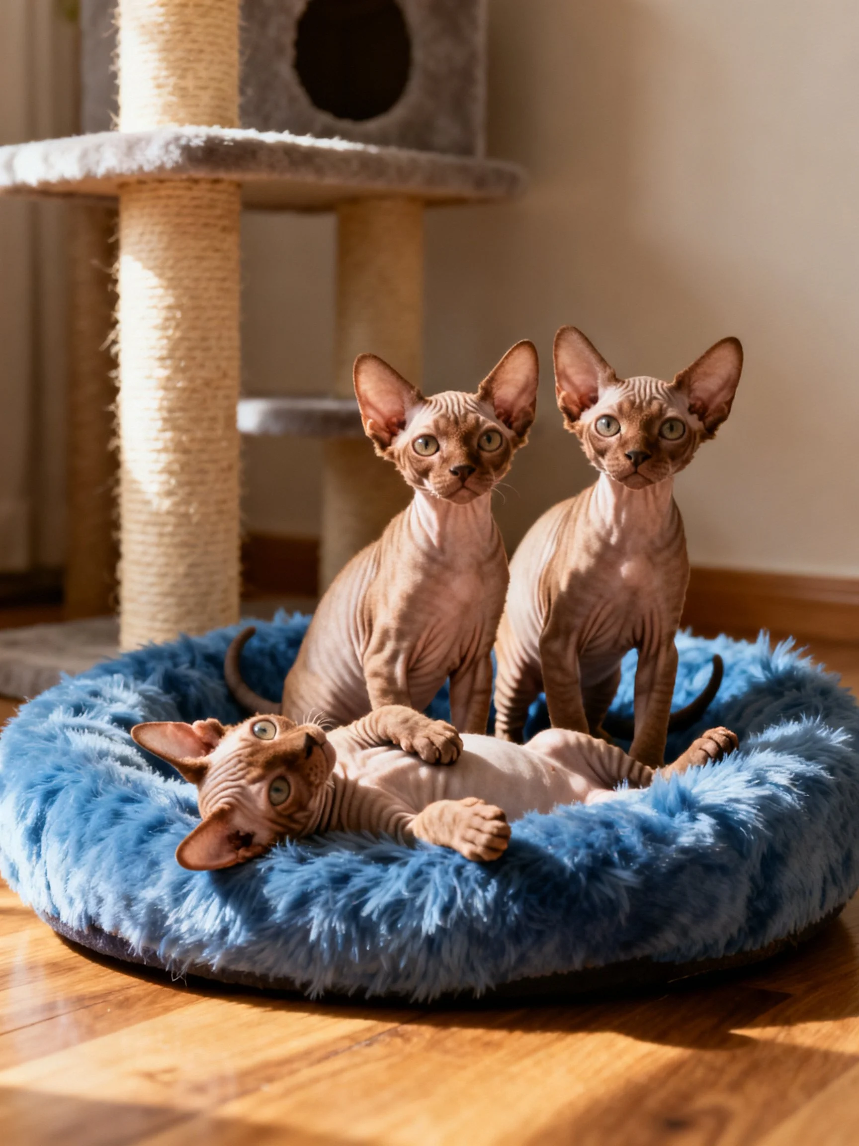 Three hairless Sphynx cats relax together in a cozy indoor environment