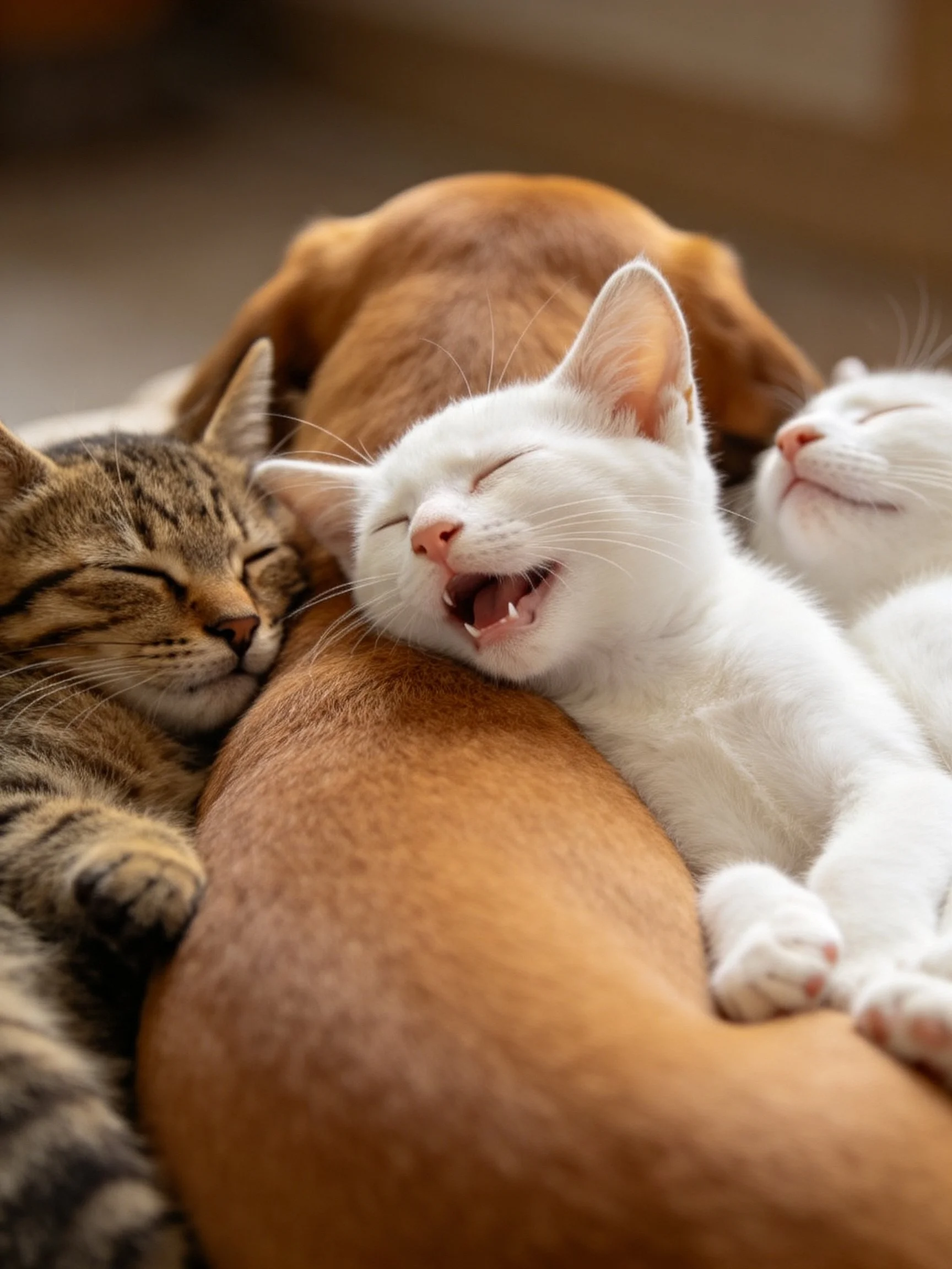 Three kittens and a brown dog snuggle together peacefully