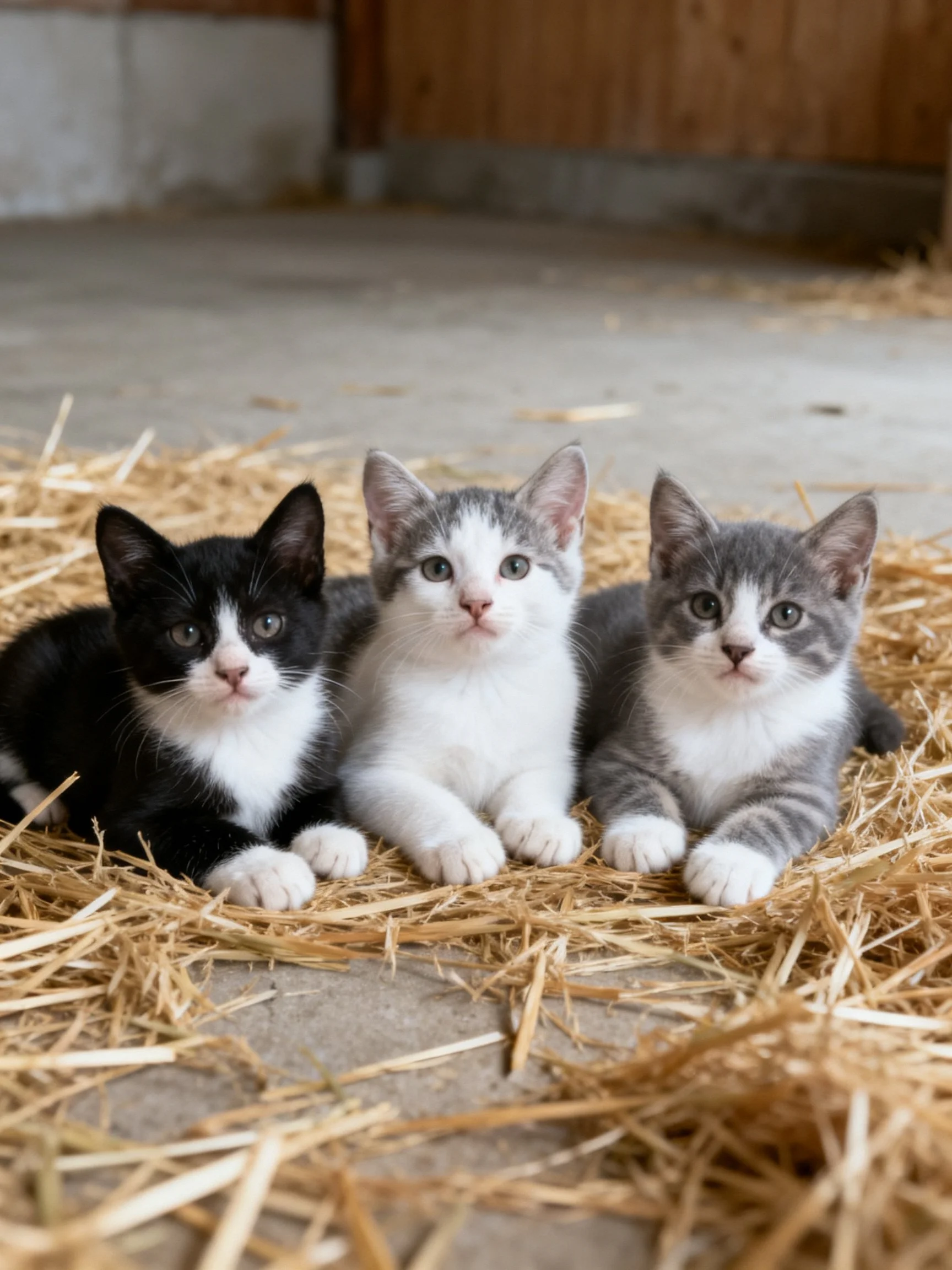 Three kittens in black, white, and gray resting on straw