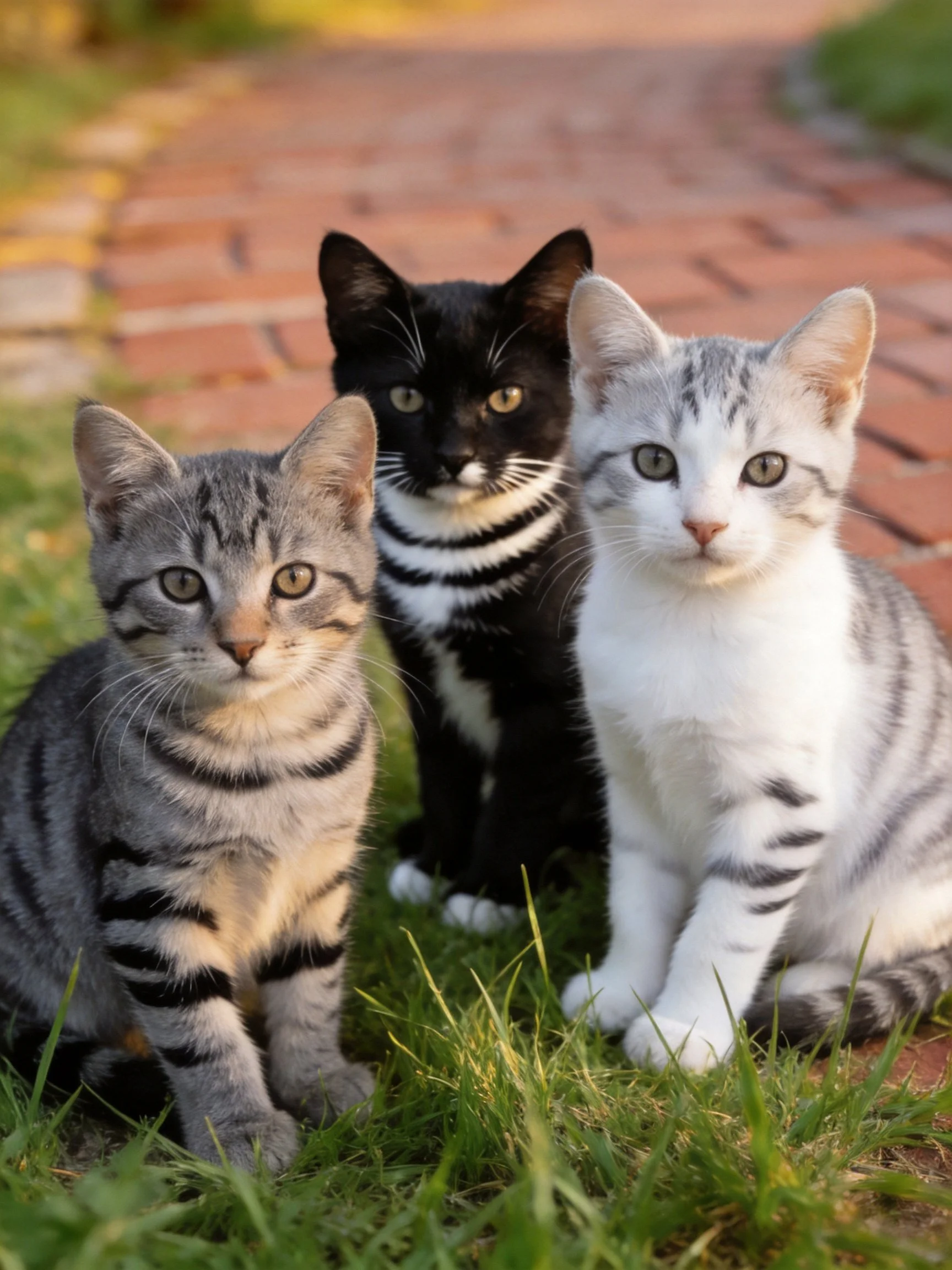 Three kittens in gray, black, and white sit on grass near brick path