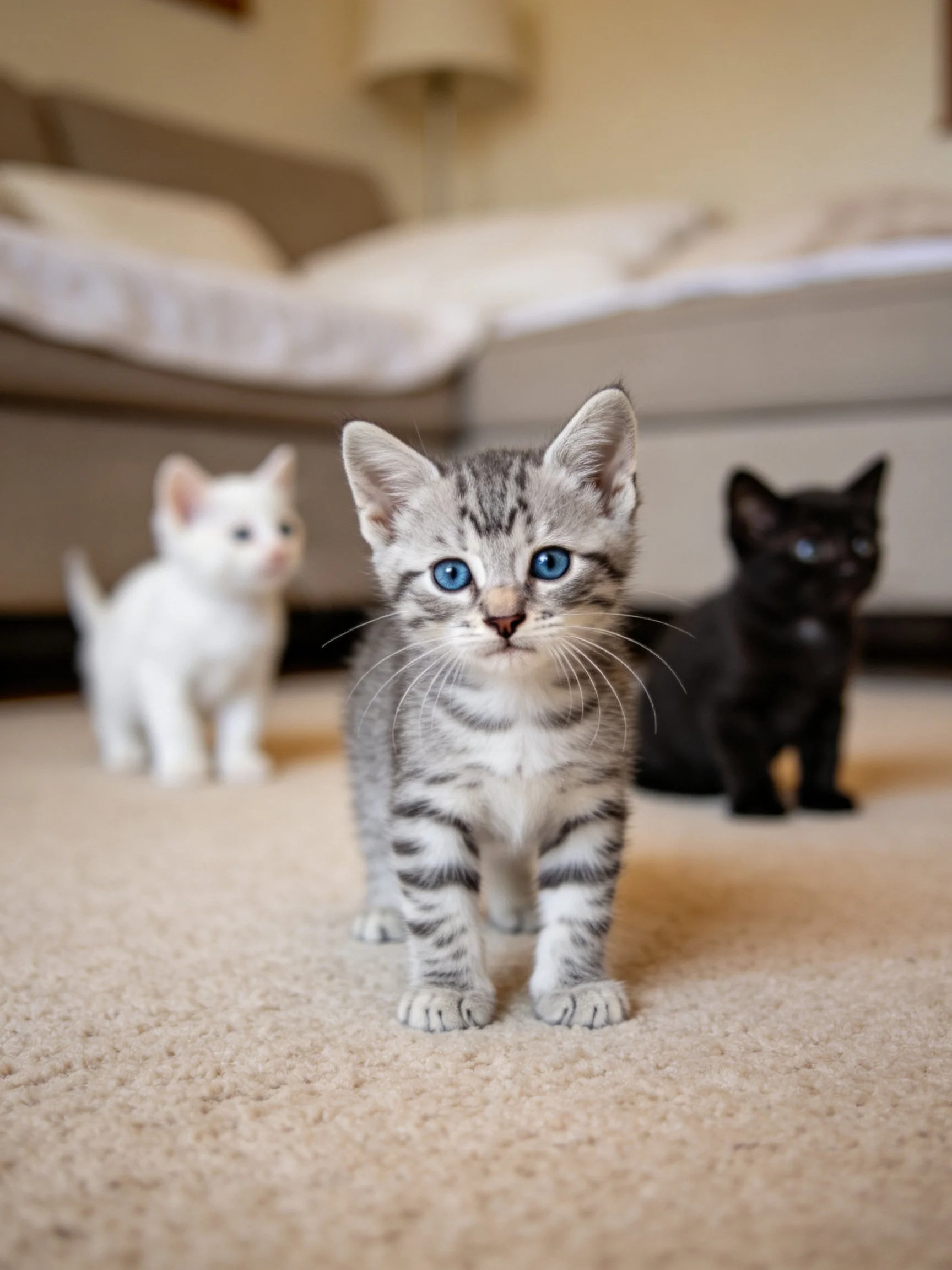 Three kittens in white, gray, and black on a carpeted floor