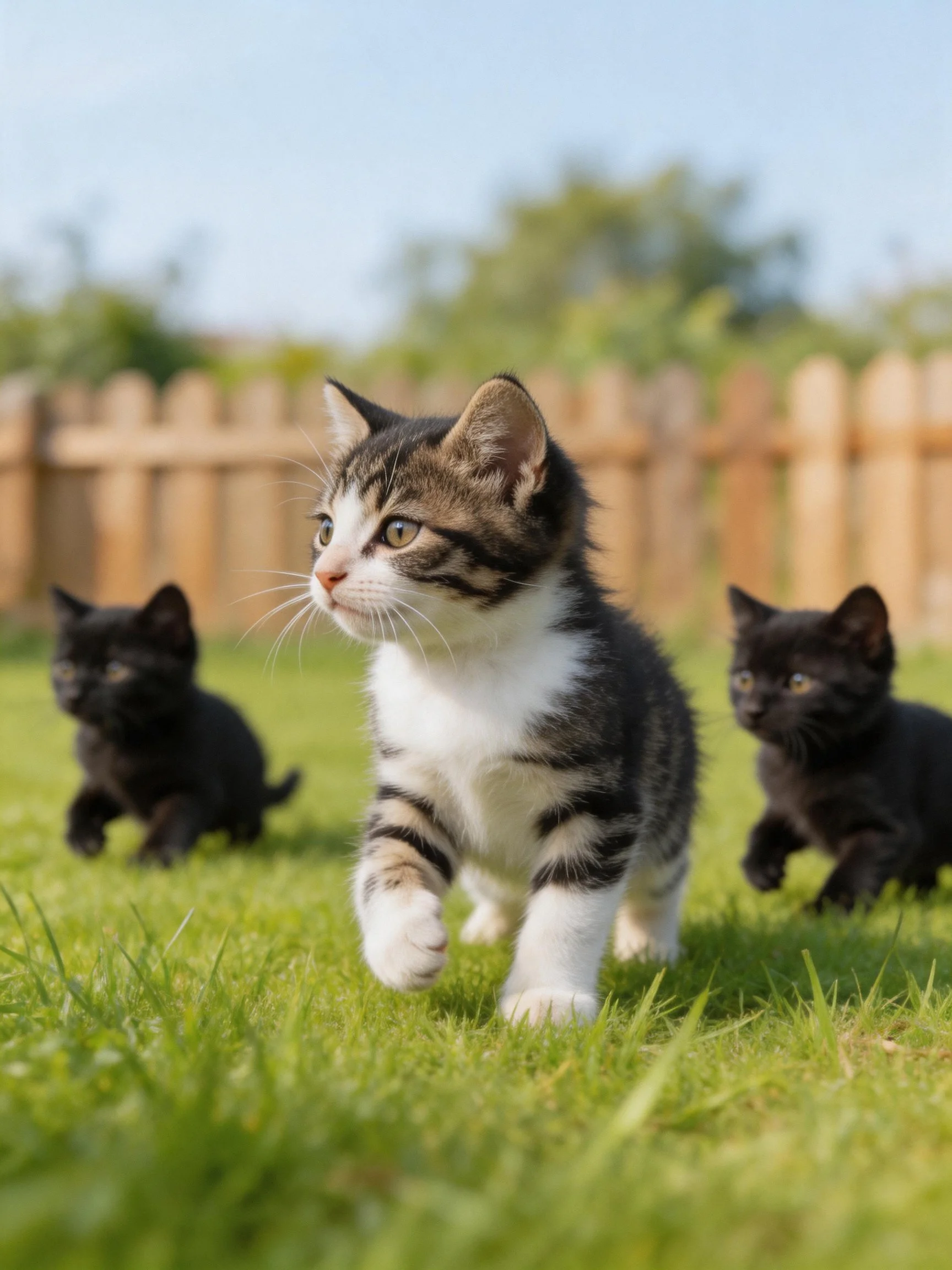 Three kittens—including a tabby and two blacks—explore a sunny grassy yard with a wooden fence