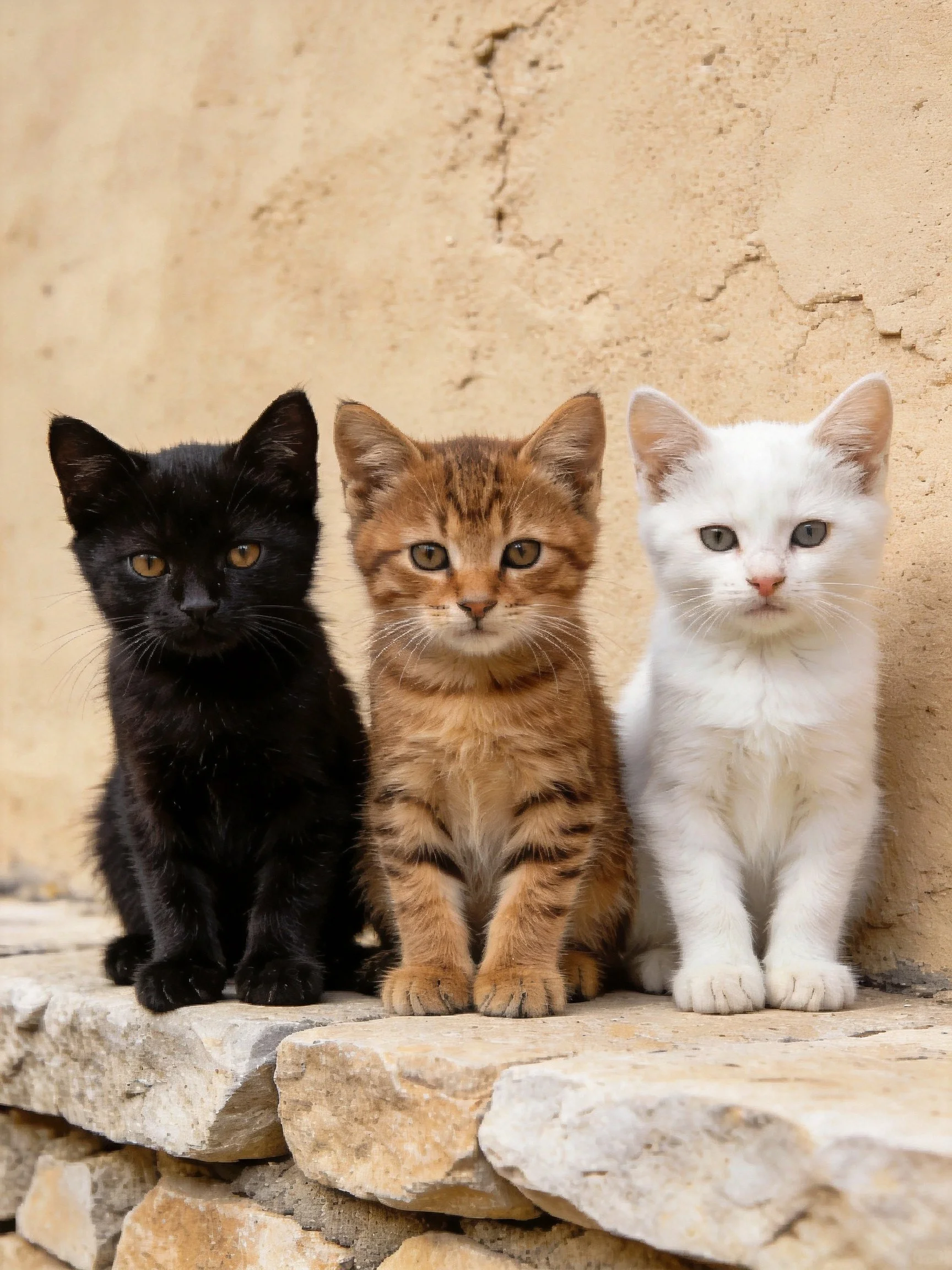 Three kittens of black, brown, and white sit on stone beside an aged wall.