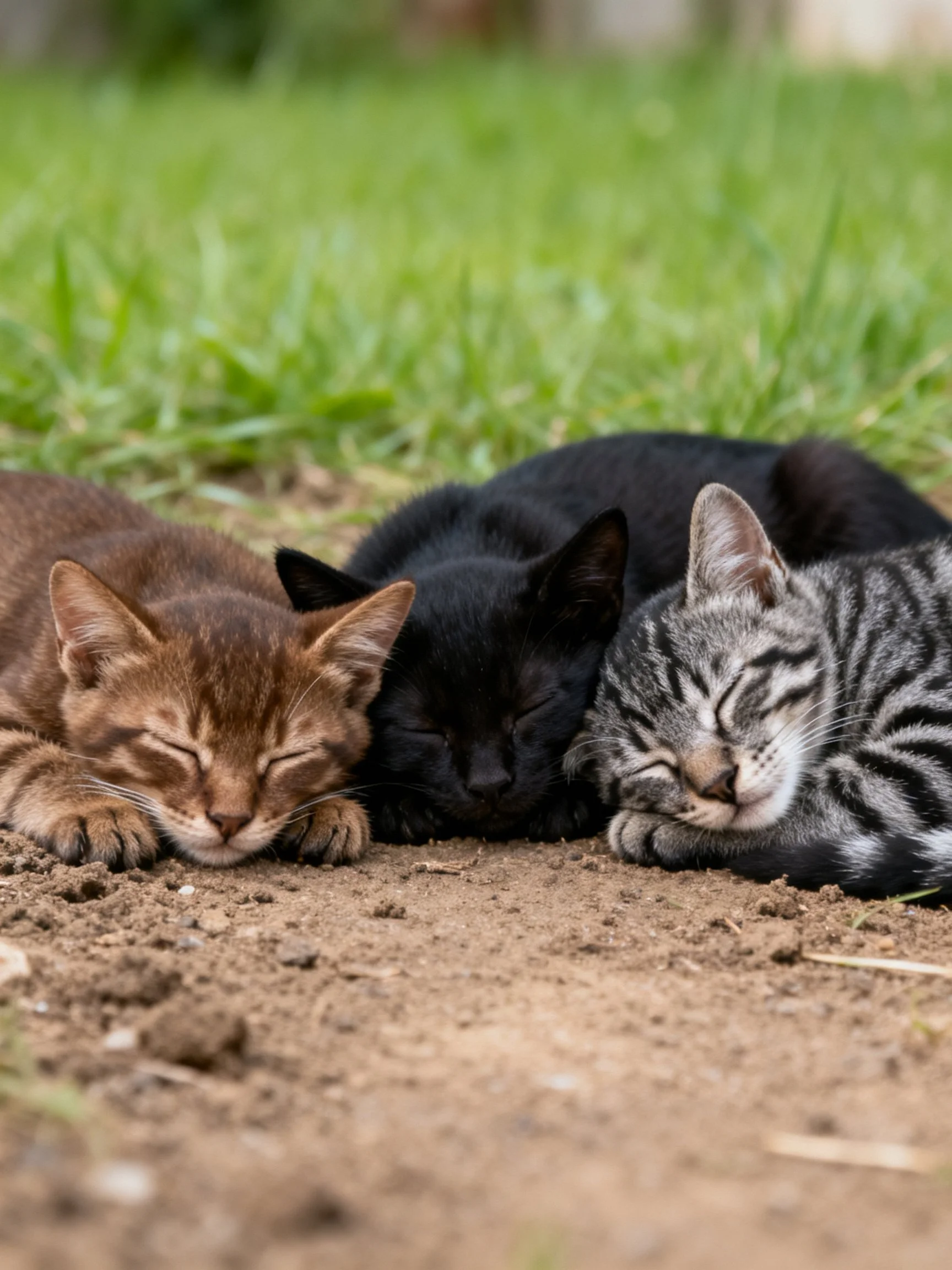 Three kittens of different colors rest together on dirt near green grass