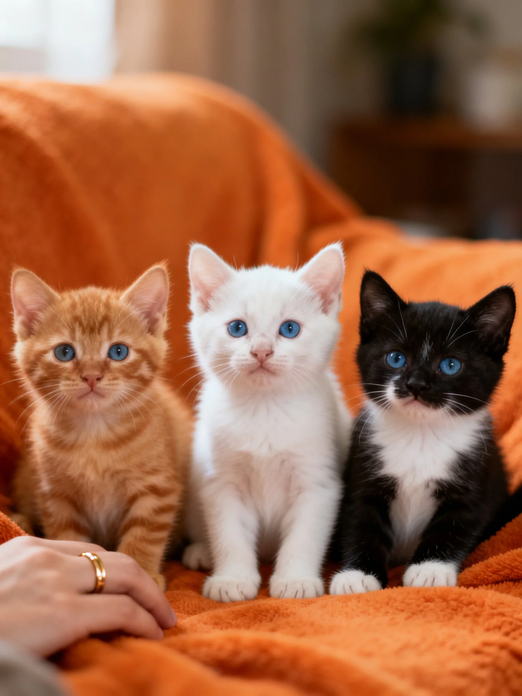 Three kittens of orange, white, and black sit on an orange blanket