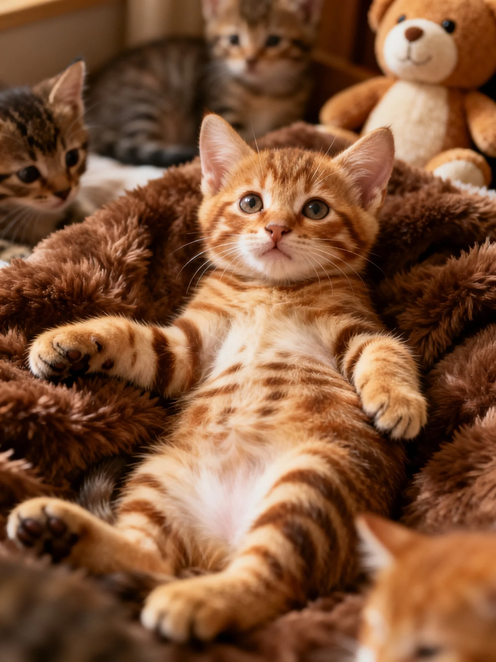 Three kittens relax on plush brown blankets with a teddy bear