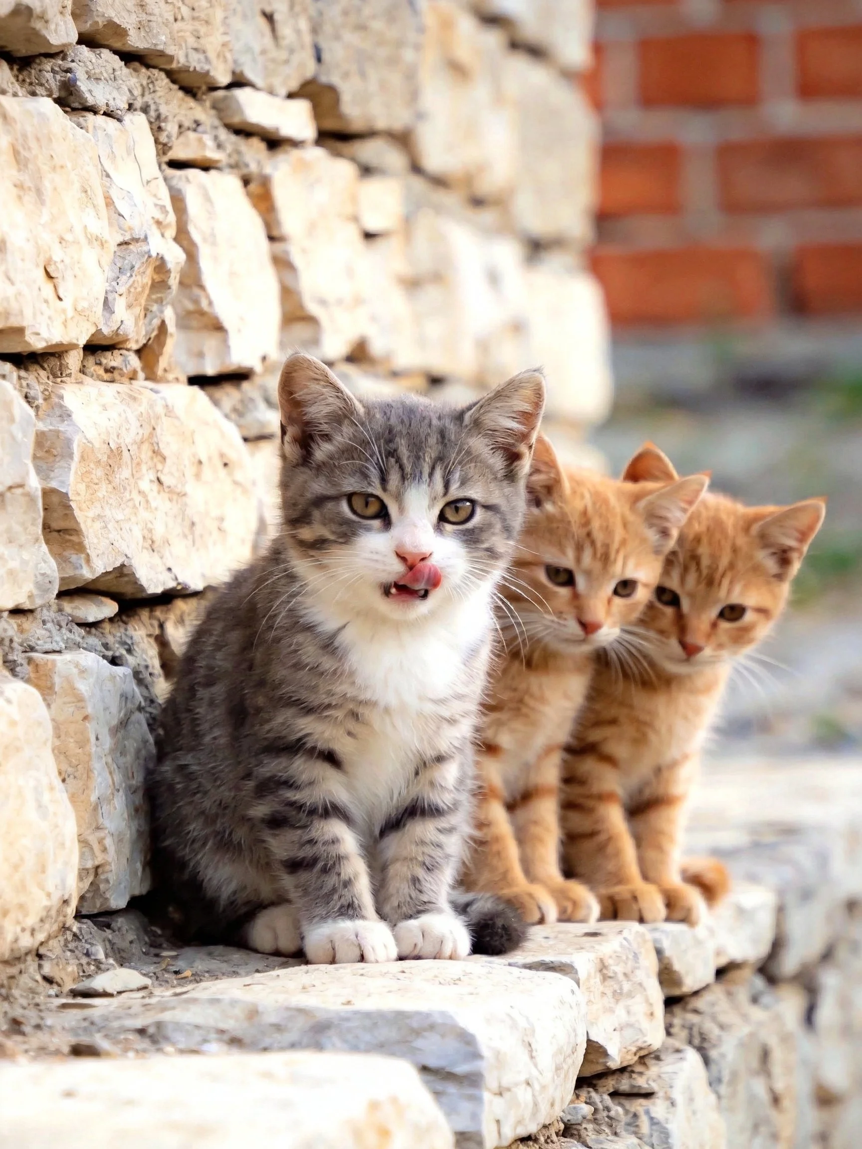 Three kittens sit by a weathered stone wall with a brick background.