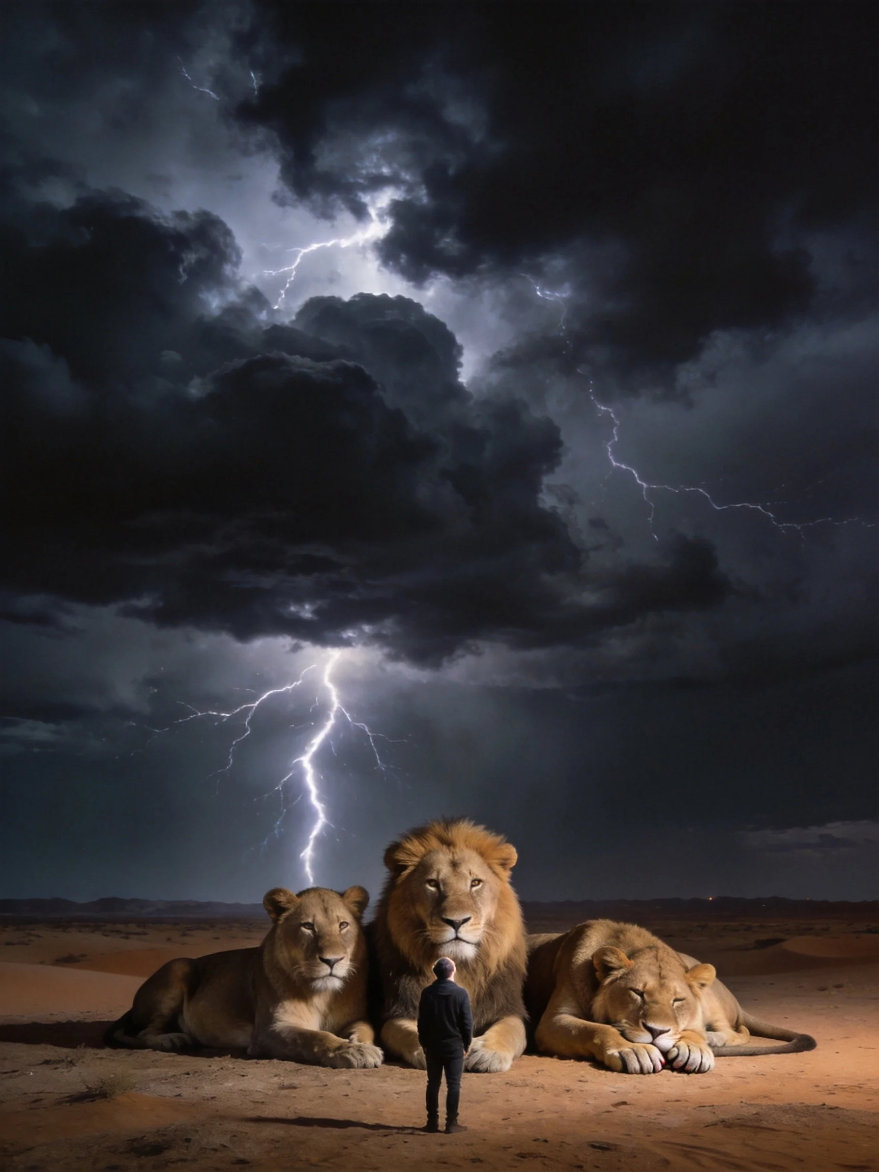 Three lions rest beside a man under stormy skies with lightning.