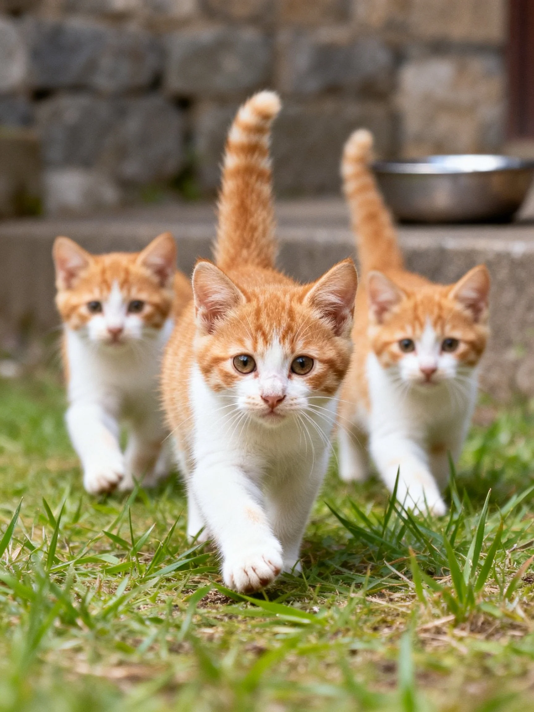 Three orange and white kittens walking on green grass near a stone wall