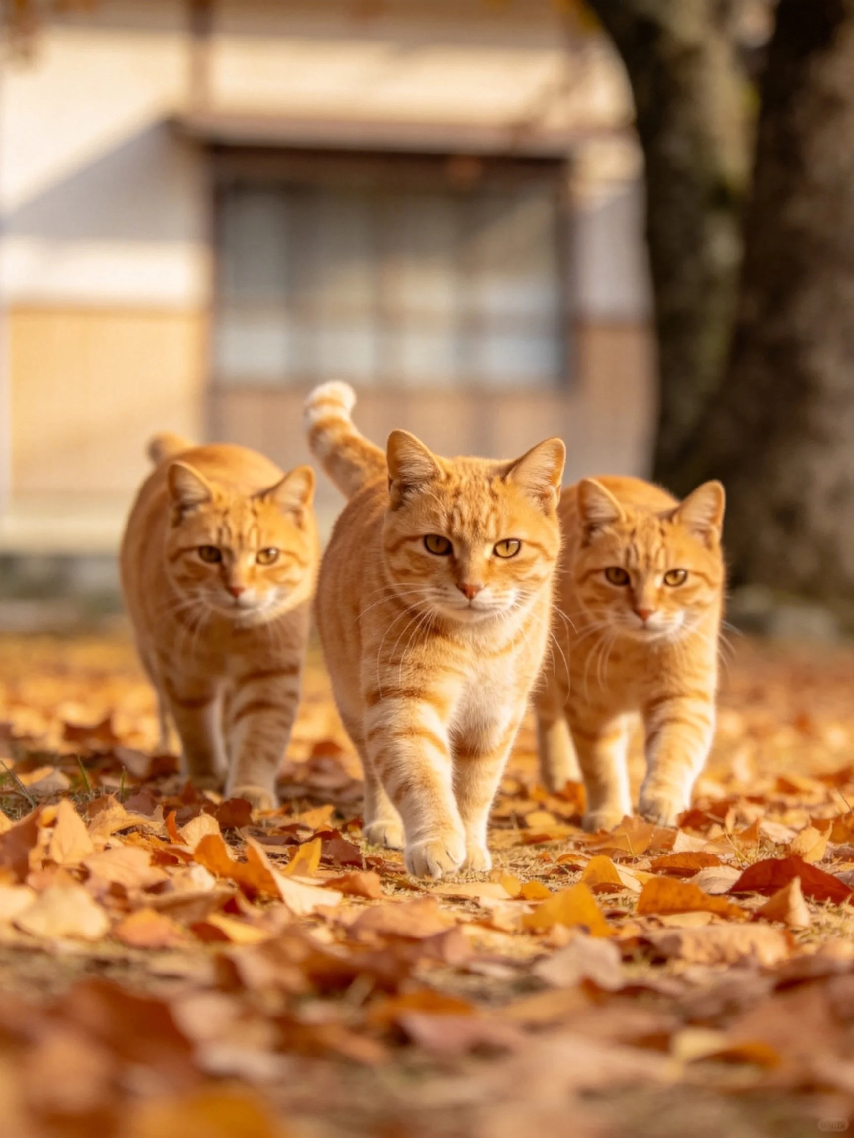 Three orange tabby cats walk through golden autumn leaves near a building