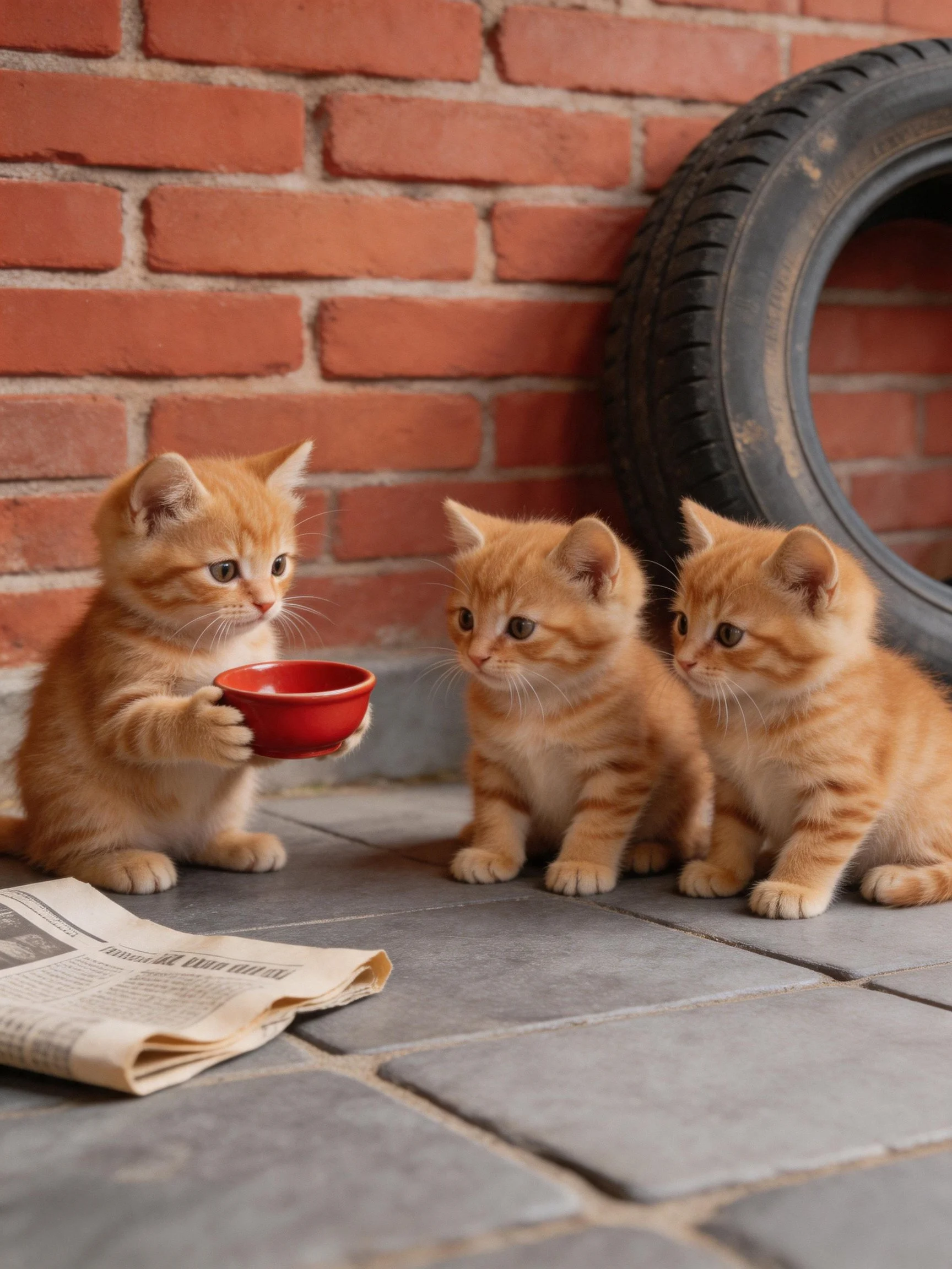 Three orange tabby kittens near brick wall, red bowl, and tire