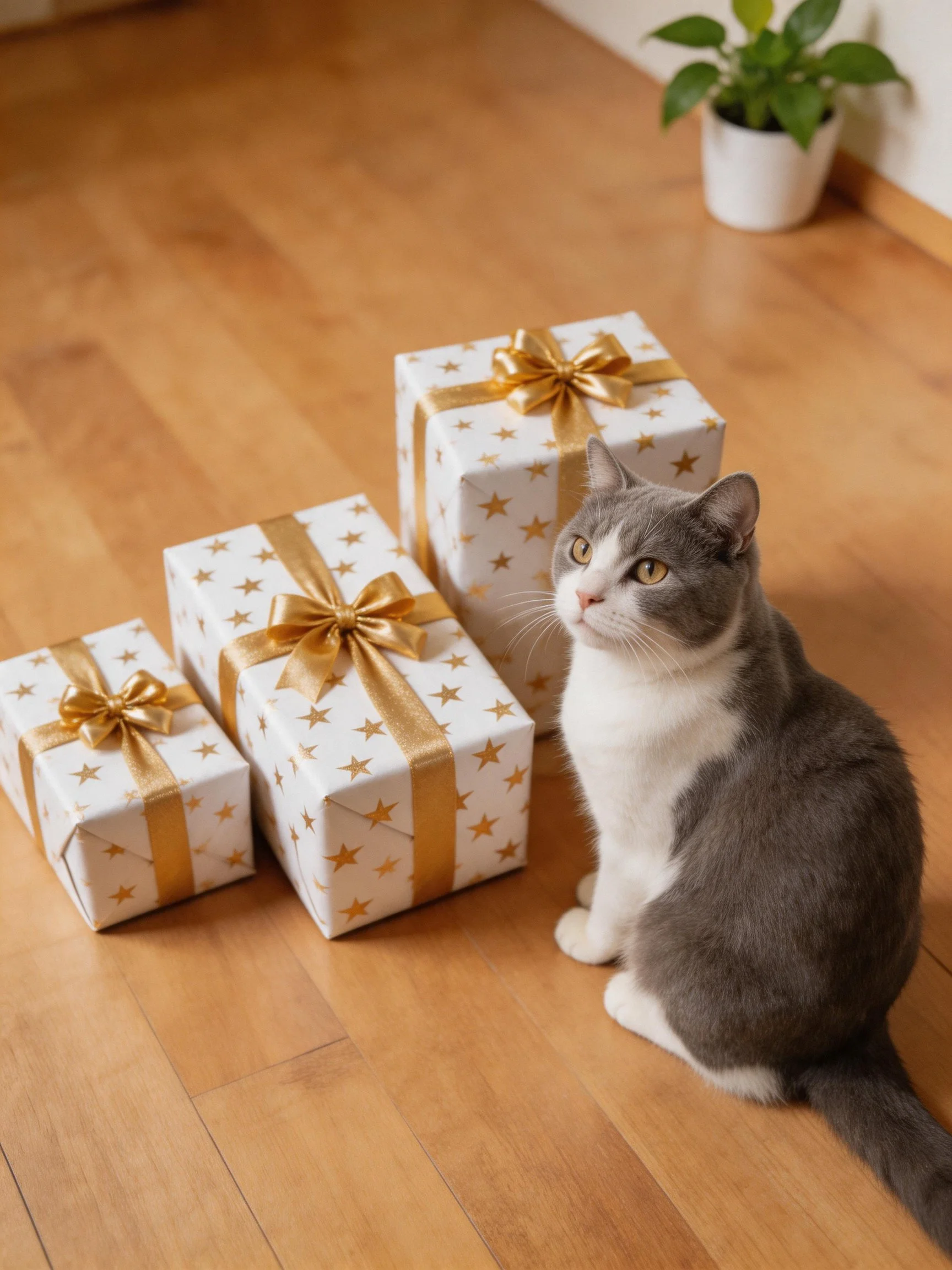 A gray-and-white cat sits beside three star-patterned gifts with golden ribbons on a wooden floor.