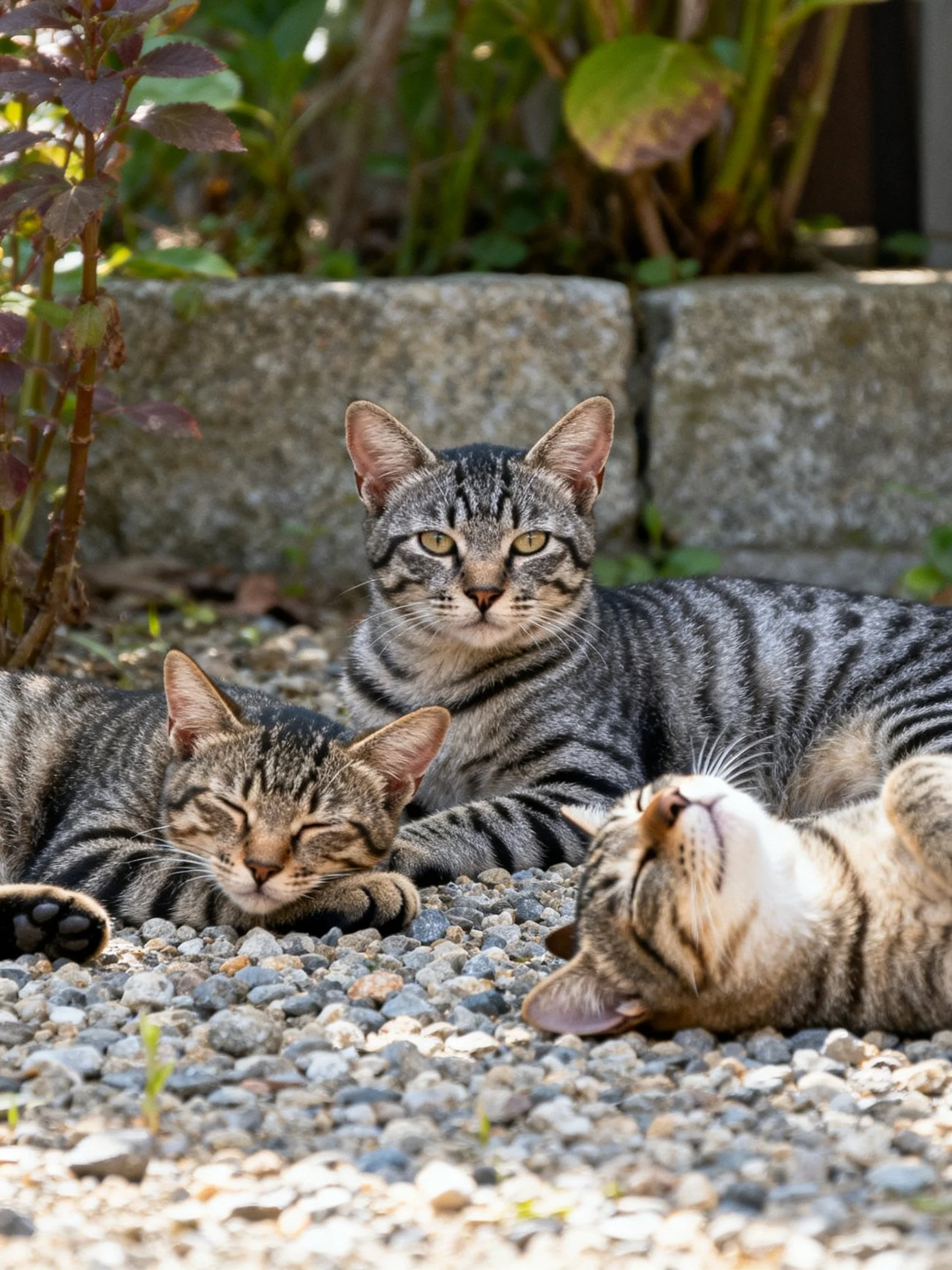 Three tabby cats rest on gravel near a stone wall with greenery