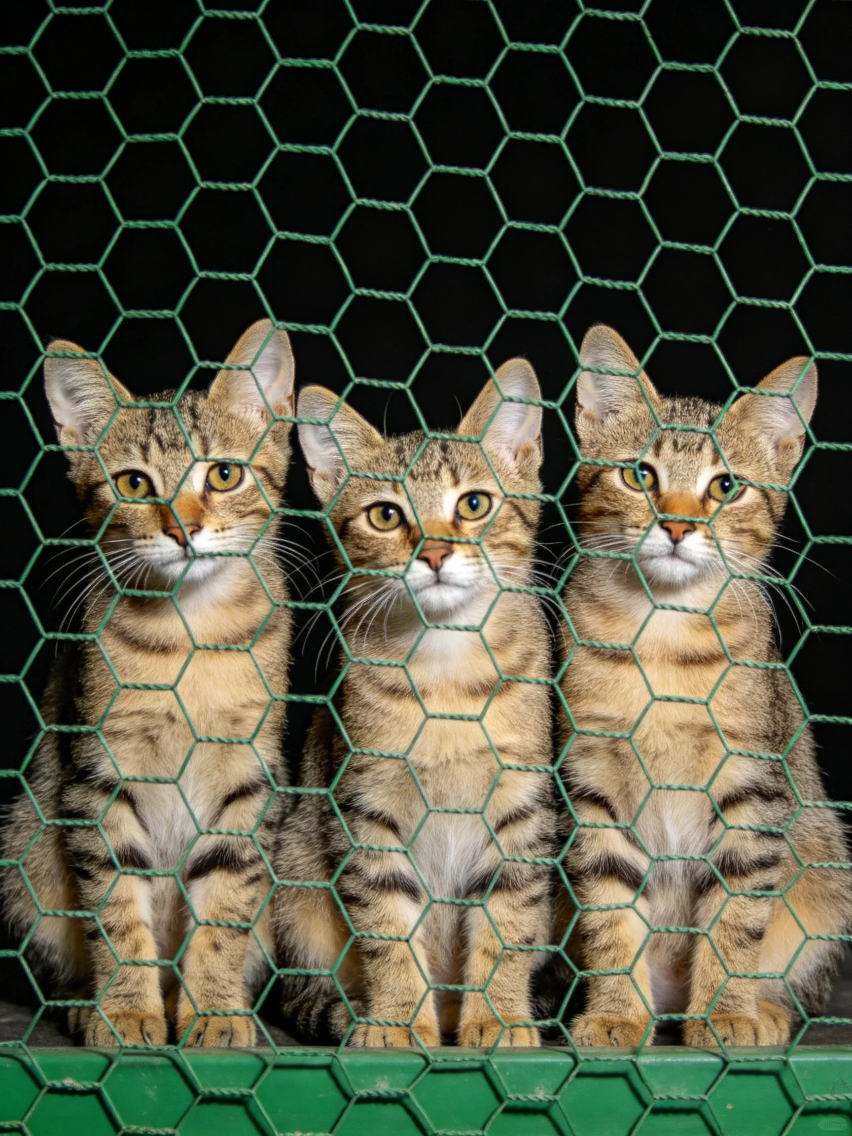 Three tabby kittens behind a green hexagonal wire mesh fence