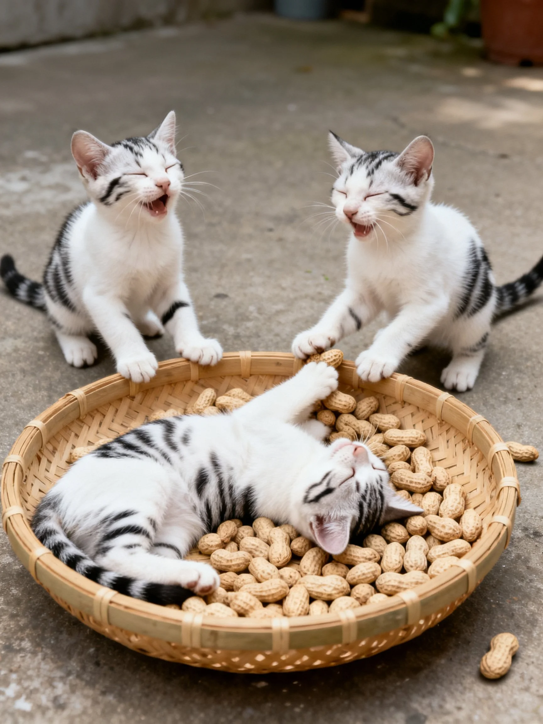 Three tabby kittens play with peanuts in a bamboo basket