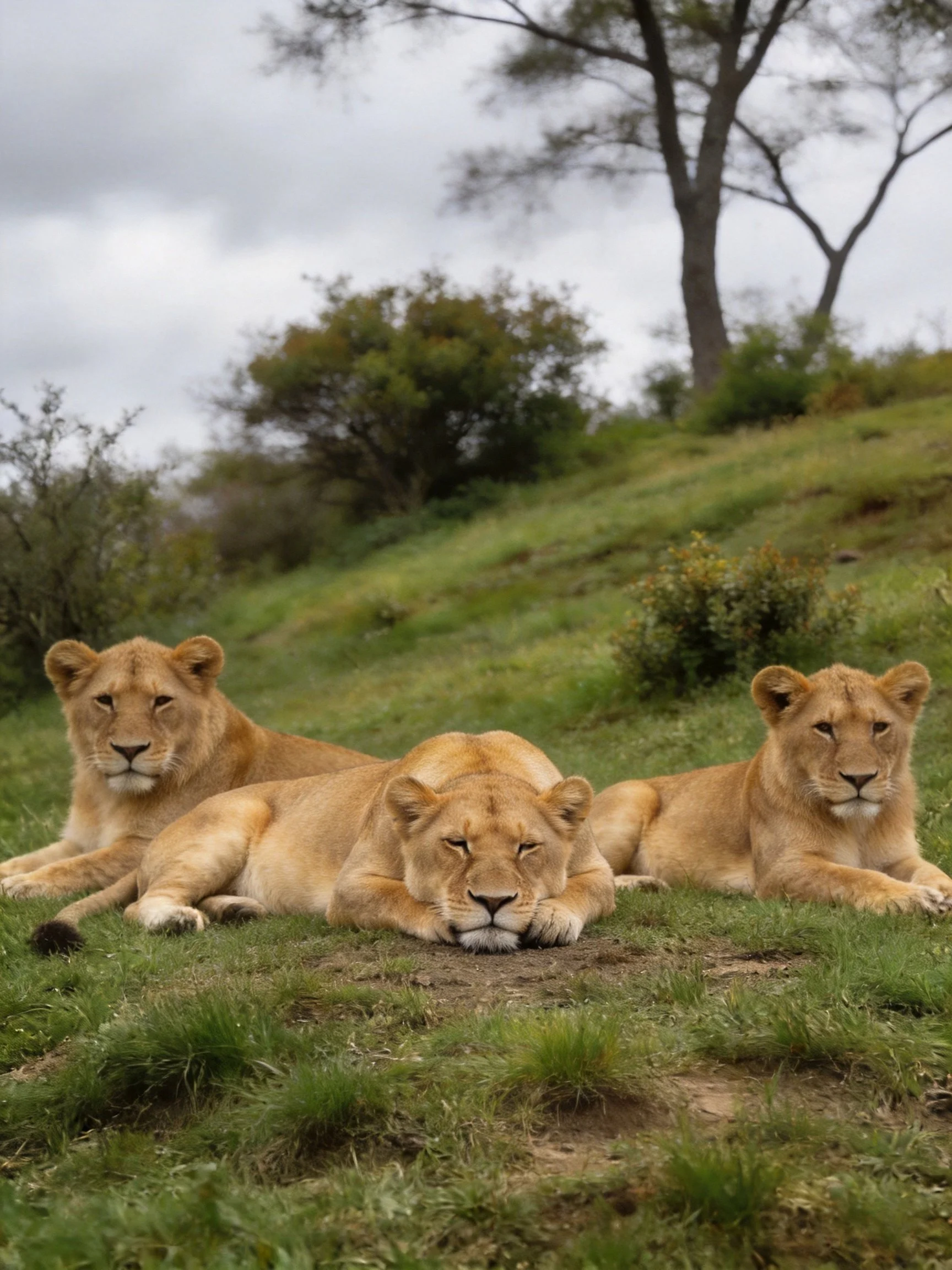 Three tawny lionesses rest on a grassy hillside near trees