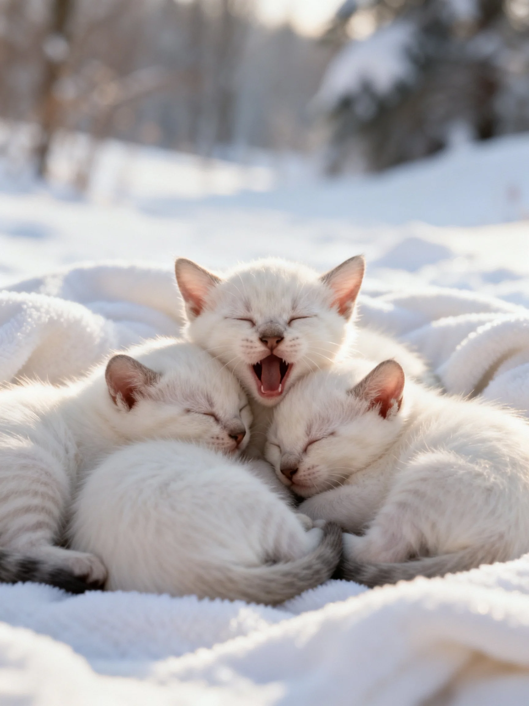 Three white kittens cuddle on snowy ground with one yawning
