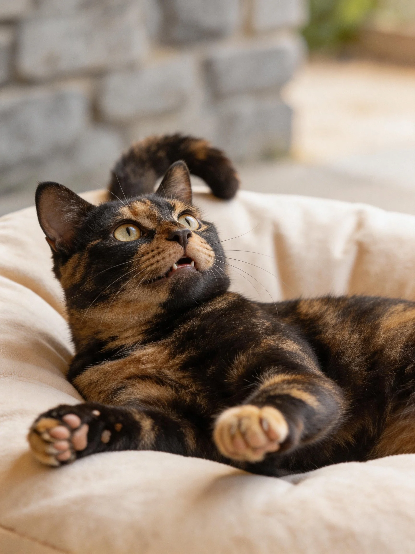 Tortoiseshell cat lounges on plush bed, gazing upward