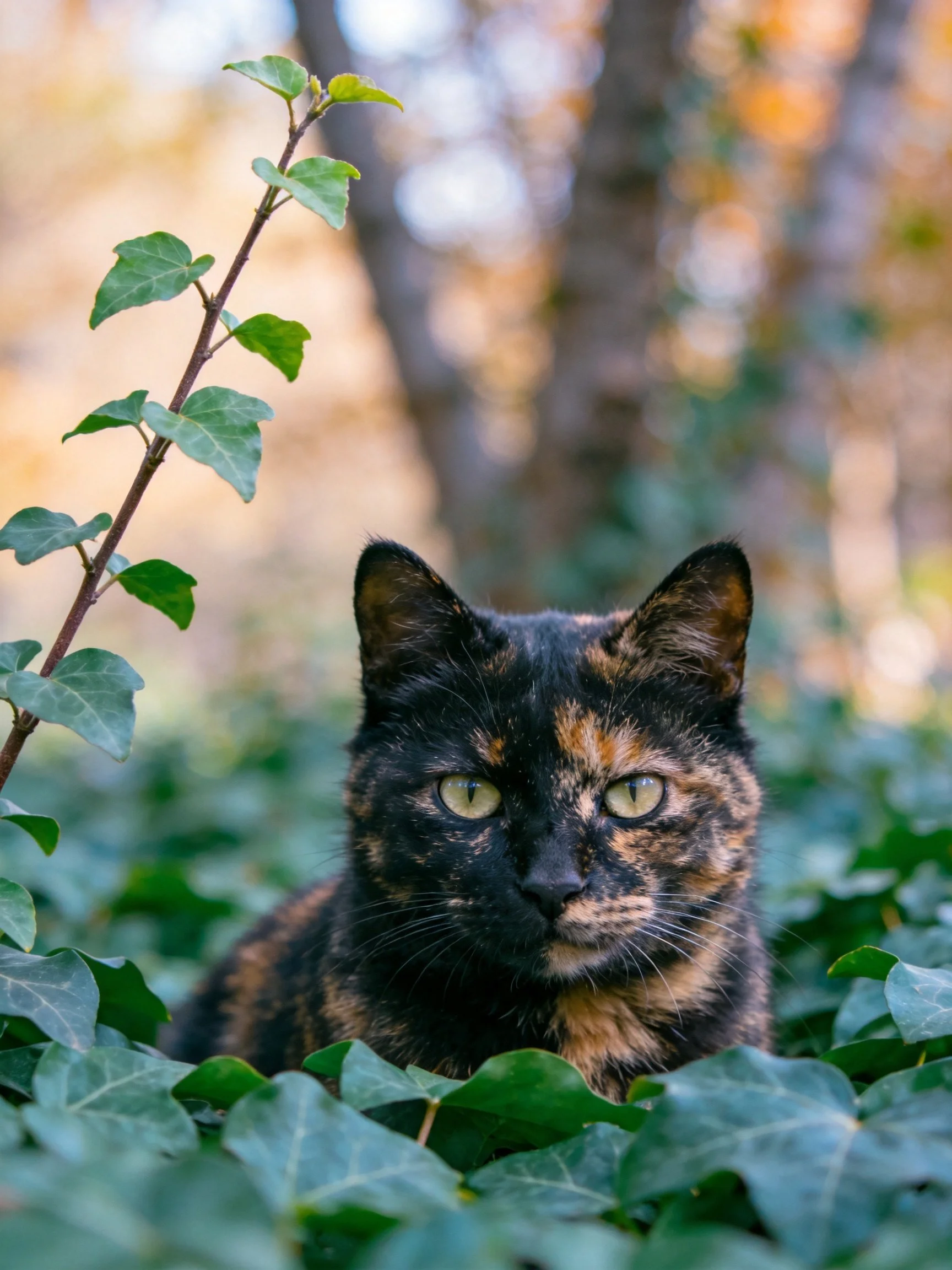 Tortoiseshell cat nestled among dense green foliage with blurred forest backdrop