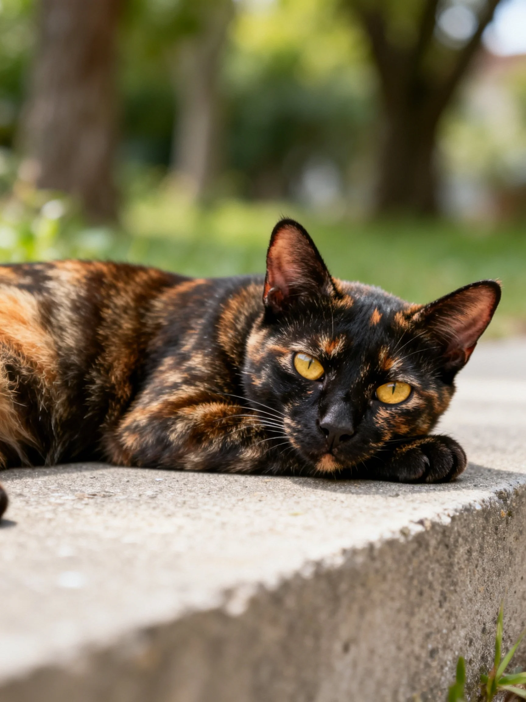 Tortoiseshell cat reclines on concrete ledge amid greenery