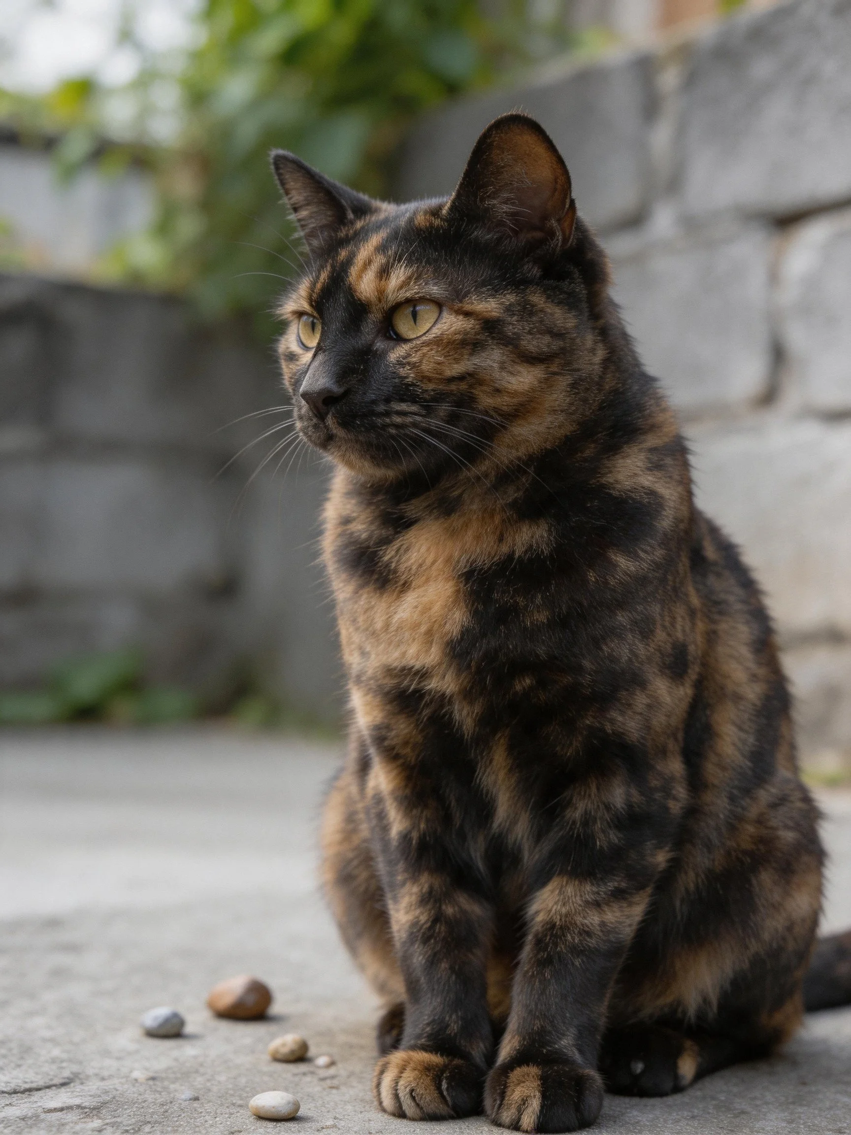 A tortoiseshell cat sits outdoors near a stone wall with small stones.
