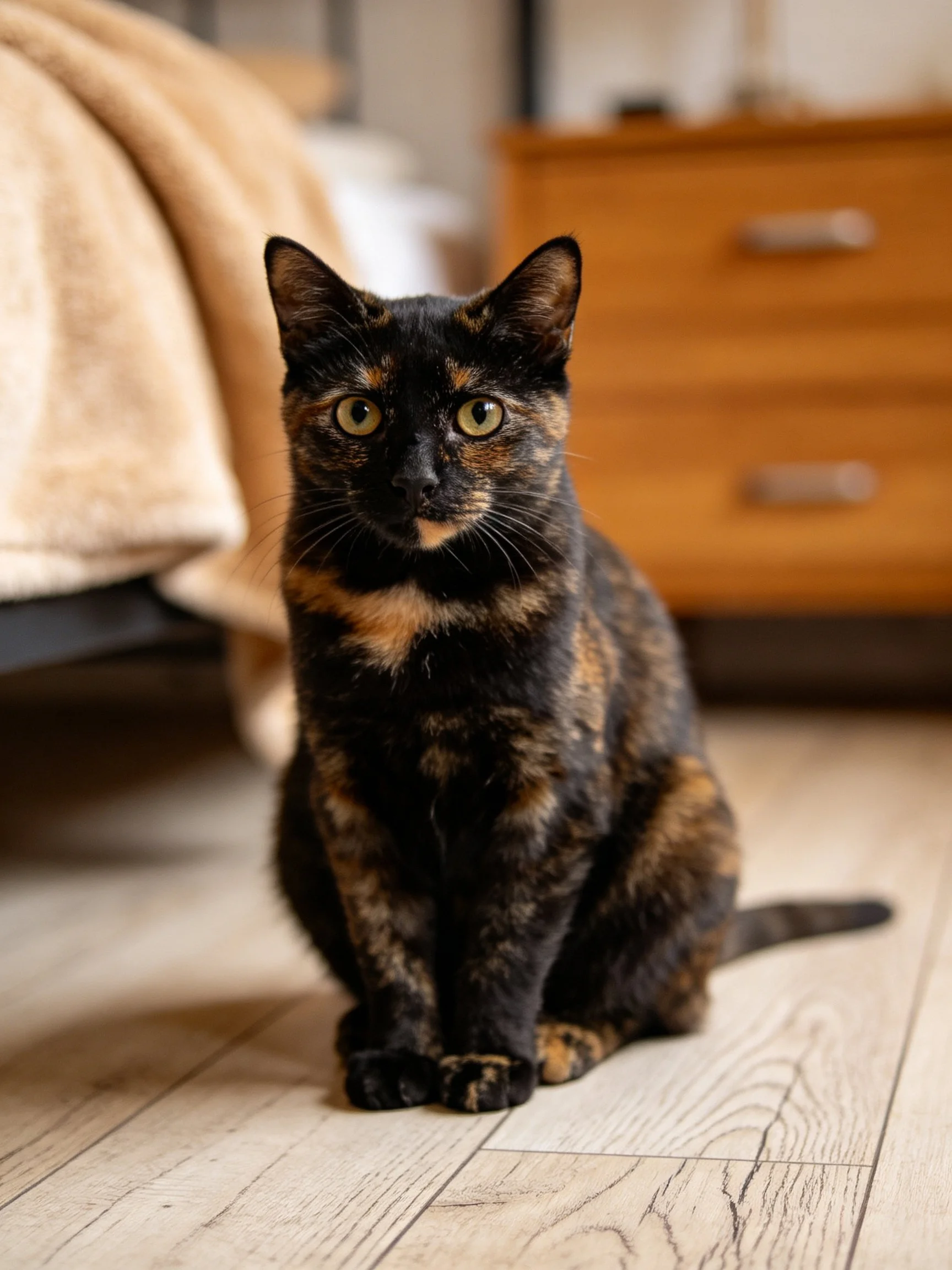 A tortoiseshell cat sits calmly in a cozy bedroom with a bed and dresser nearby.