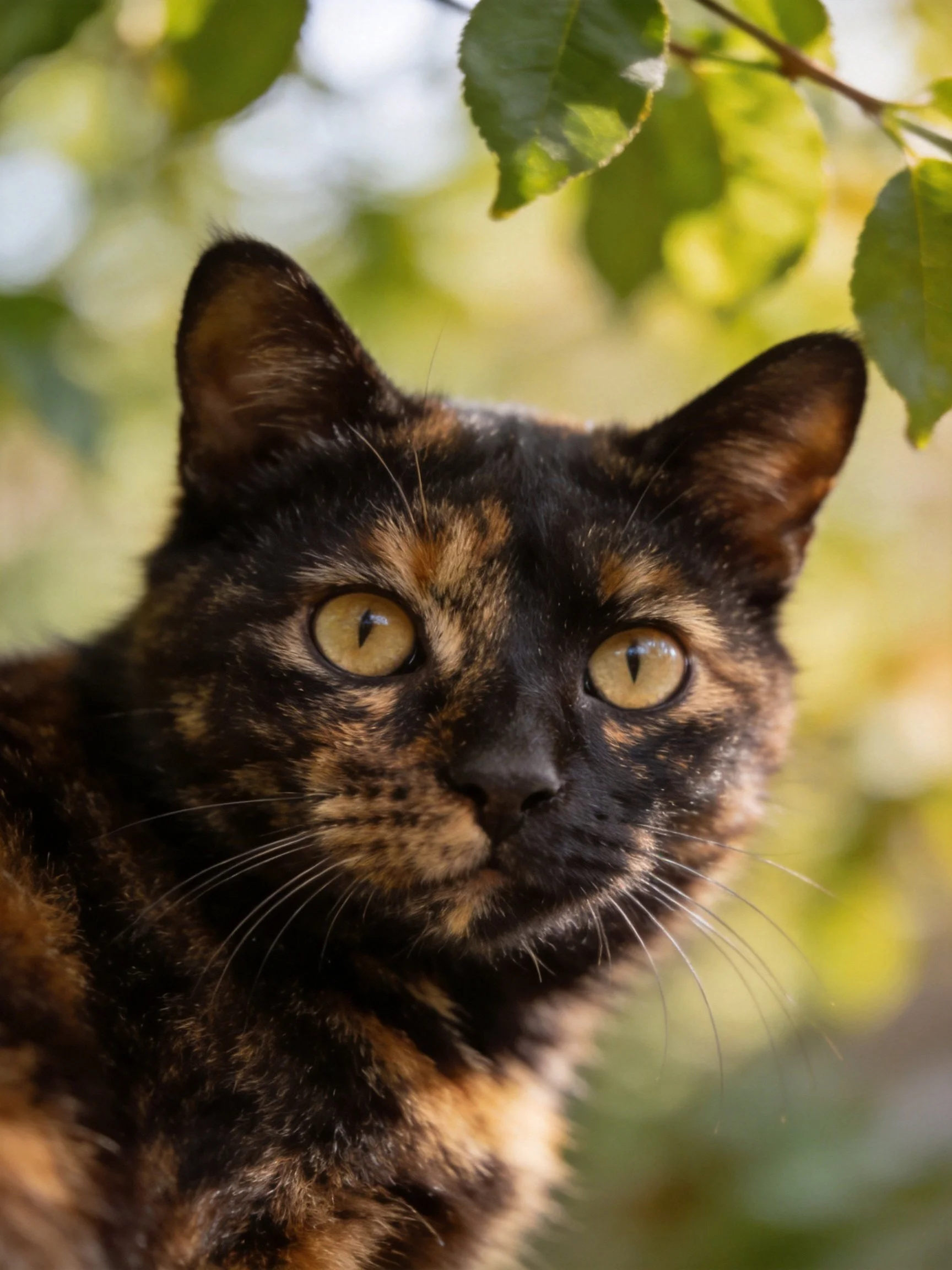 Tortoiseshell cat with amber eyes near green foliage