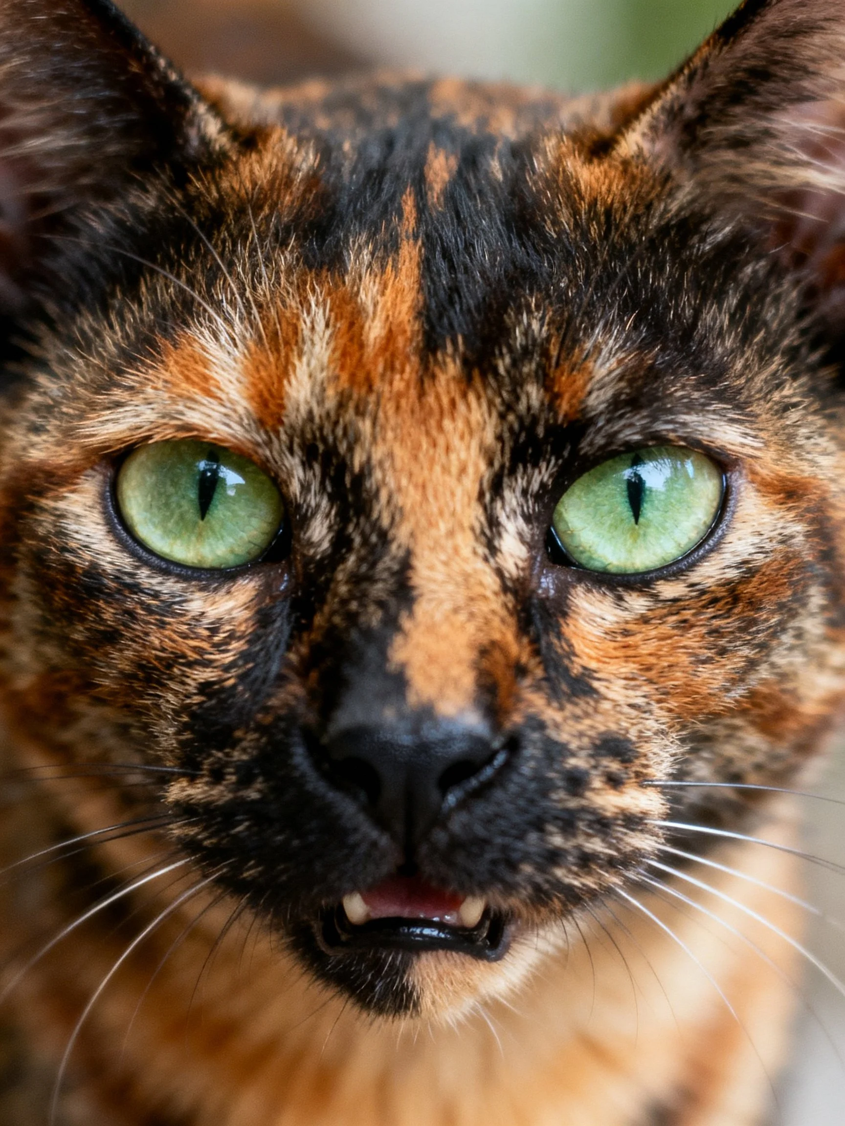Close - up of a tortoiseshell cat with vivid green eyes and colorful fur.