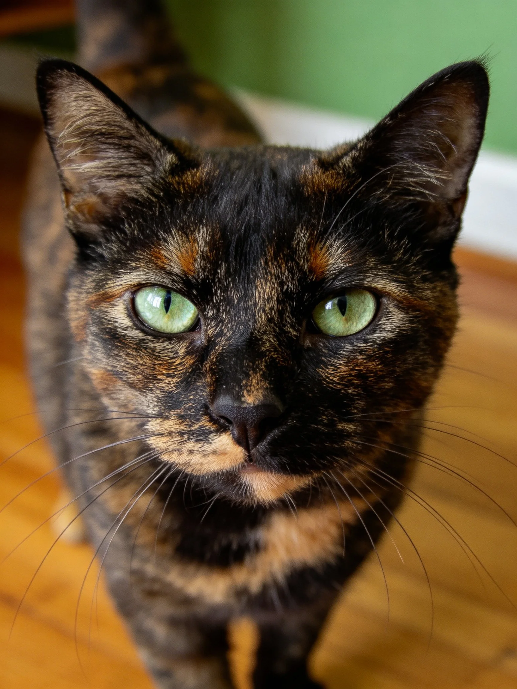 A tortoiseshell cat with striking green eyes stands on a wooden surface.